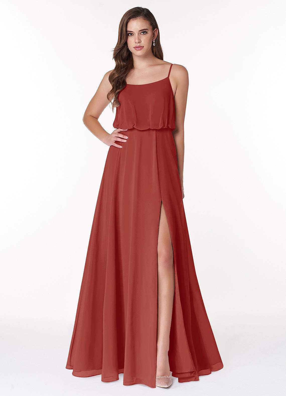 Azazie Lupe Abiti da Damigella Abito A-Line in Chiffon Blouson con Scollo a U Terracotta image1