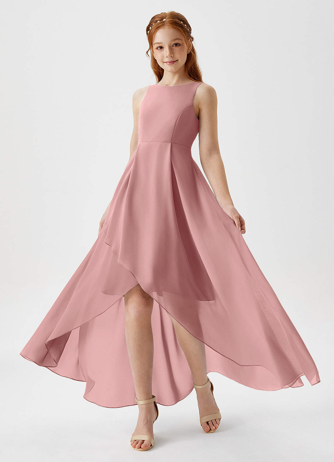 dusty pink junior bridesmaid dress Dusty Rose Junior Bridesmaid Dresses – Pink Tiered Girls Maxi Gown main image 0