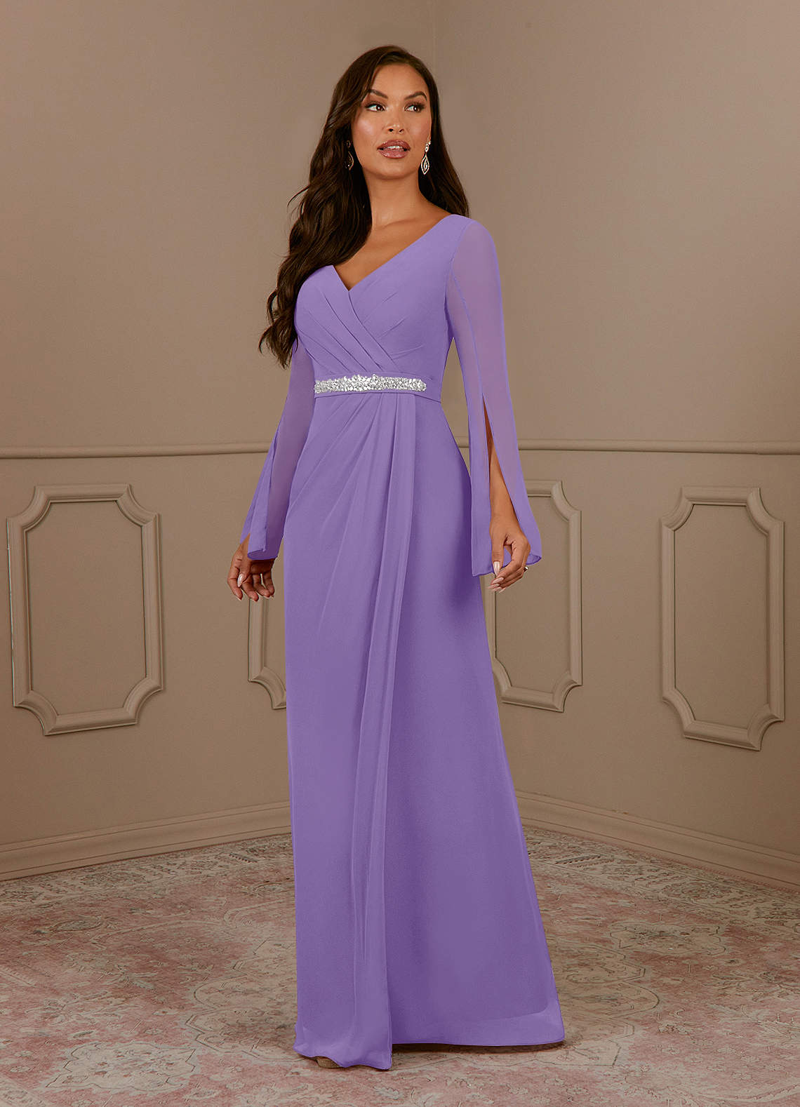 Azazie Belinda vestidos de madre de la novia Vestido de Tahití de Gasa de Corte En A con Cuello en V Plisado image1
