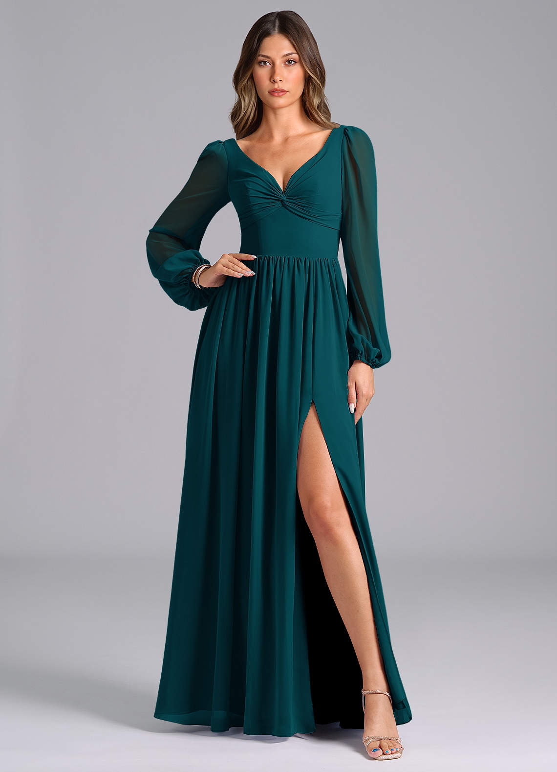 Azazie Teri Bridesmaid Dresses Pine A-Line Long Sleeve Chiffon Dress image1