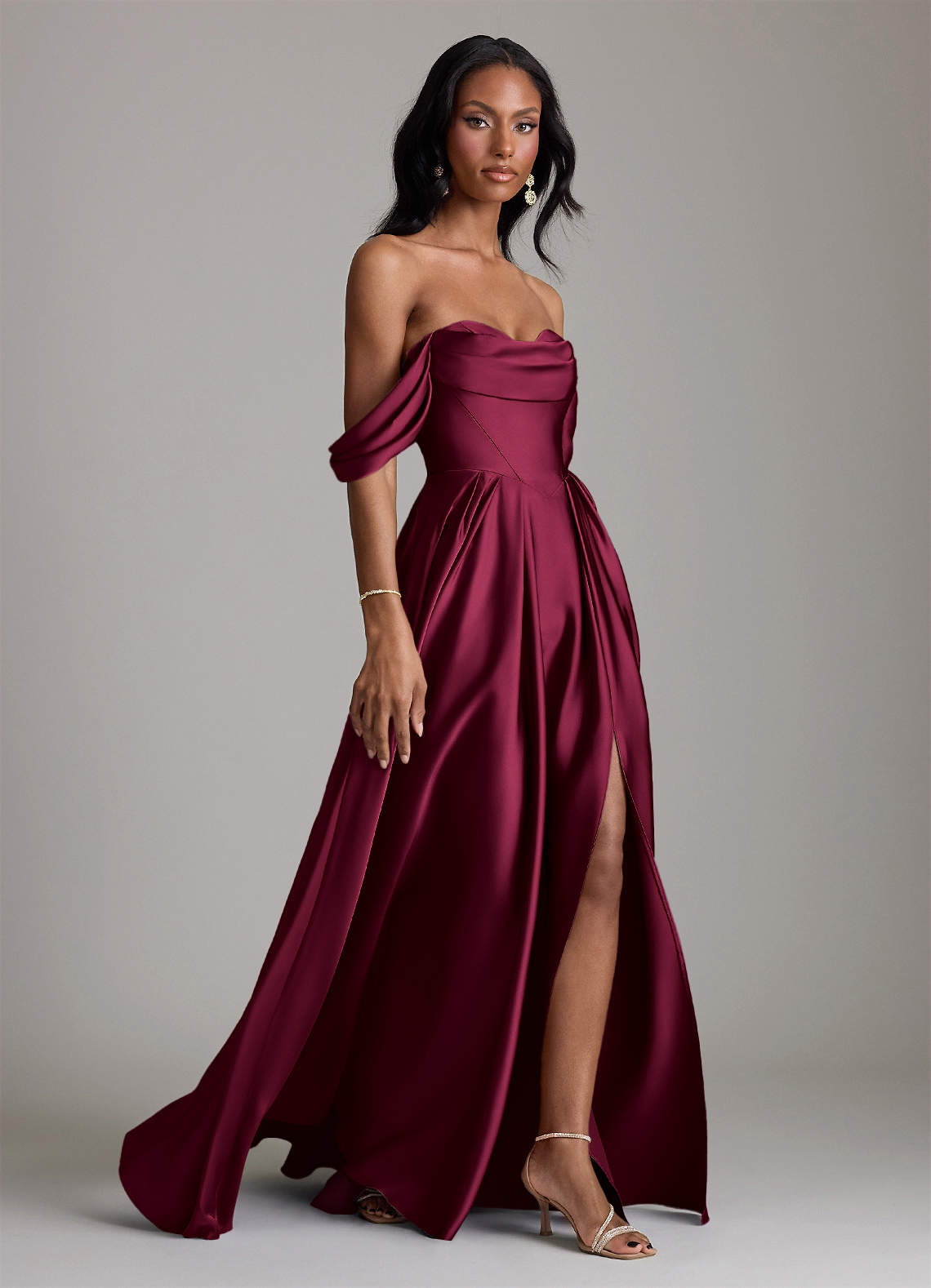 Azazie Loisa Bridesmaid Dresses Burgundy A-Line Off the Shoulder Stretch Satin Dress image5