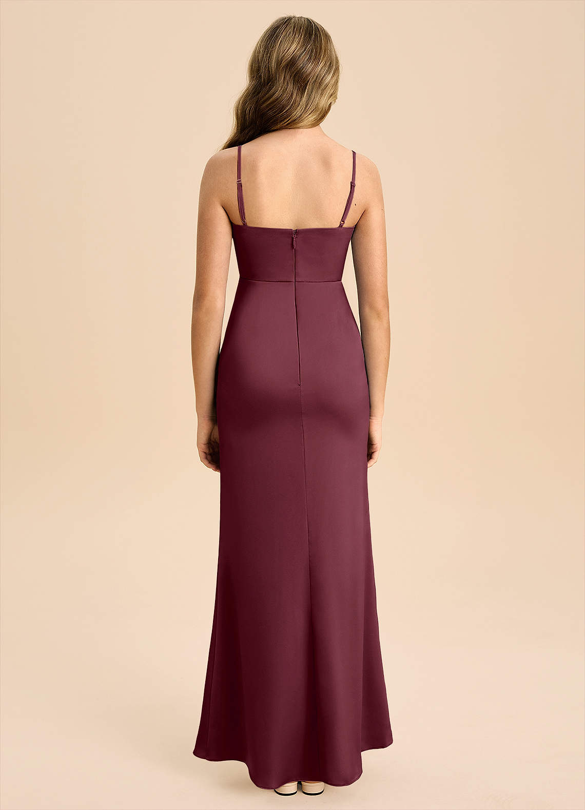 Azazie Buzzy Junior Cabernet Sheath Pleated Stretch Satin Dress image1