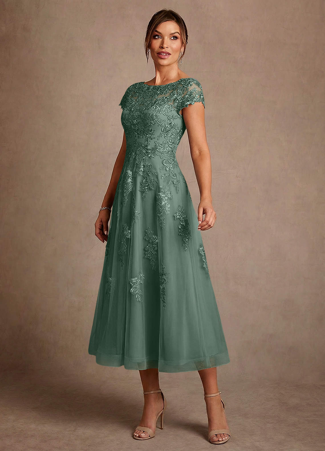 Azazie Jolanda Mother of the Bride Dresses Eucalyptus A-Line Lace Dress image3