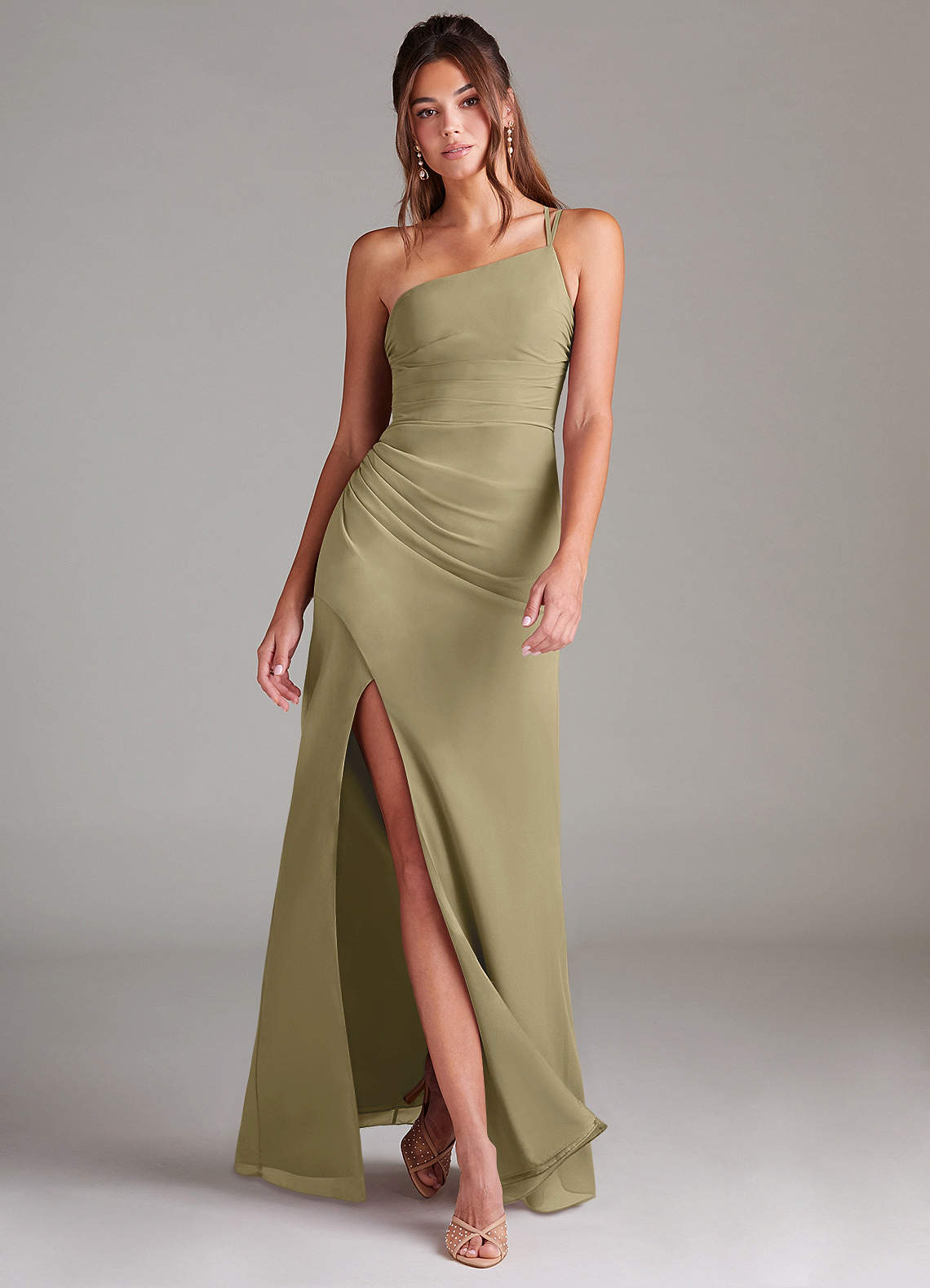 Azazie Eren Brautjungfernkleider Etui One-Shoulder Chiffon Kleid Moosgrün image1