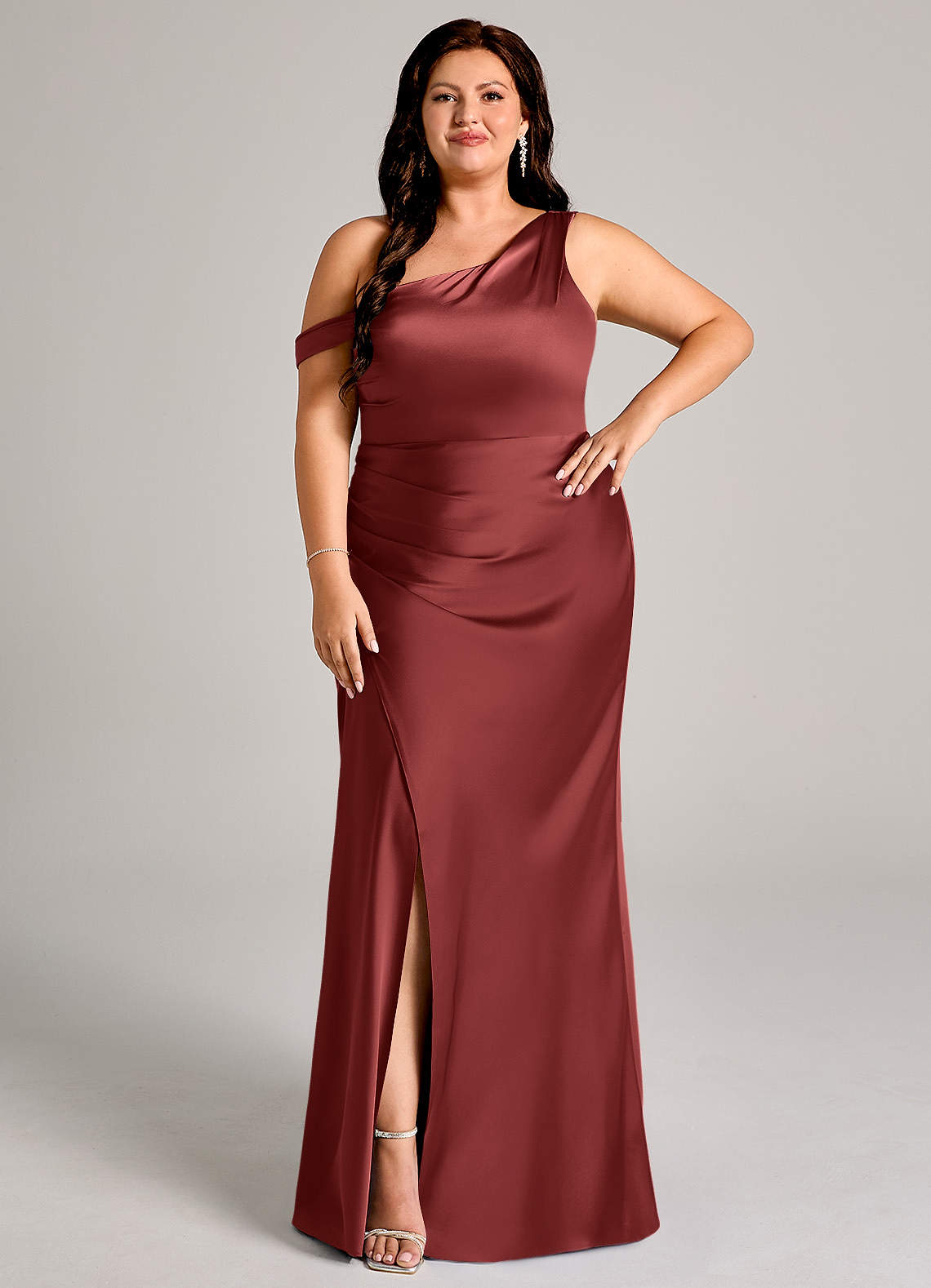 Azazie Madelyn Bridesmaid Dresses Terracotta Mermaid One Shoulder Stretch Satin Convertible Dress image1