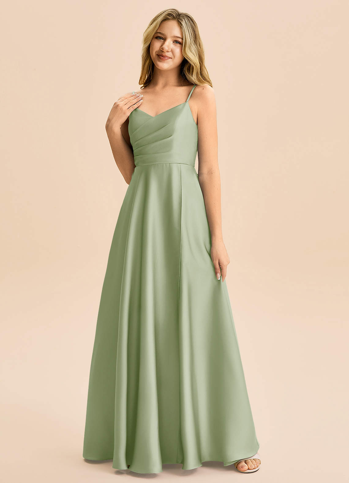 Azazie Rumi Junior A-Line Plisseret Stræk satin Gulv-længde Junior brudepige Kjole image2