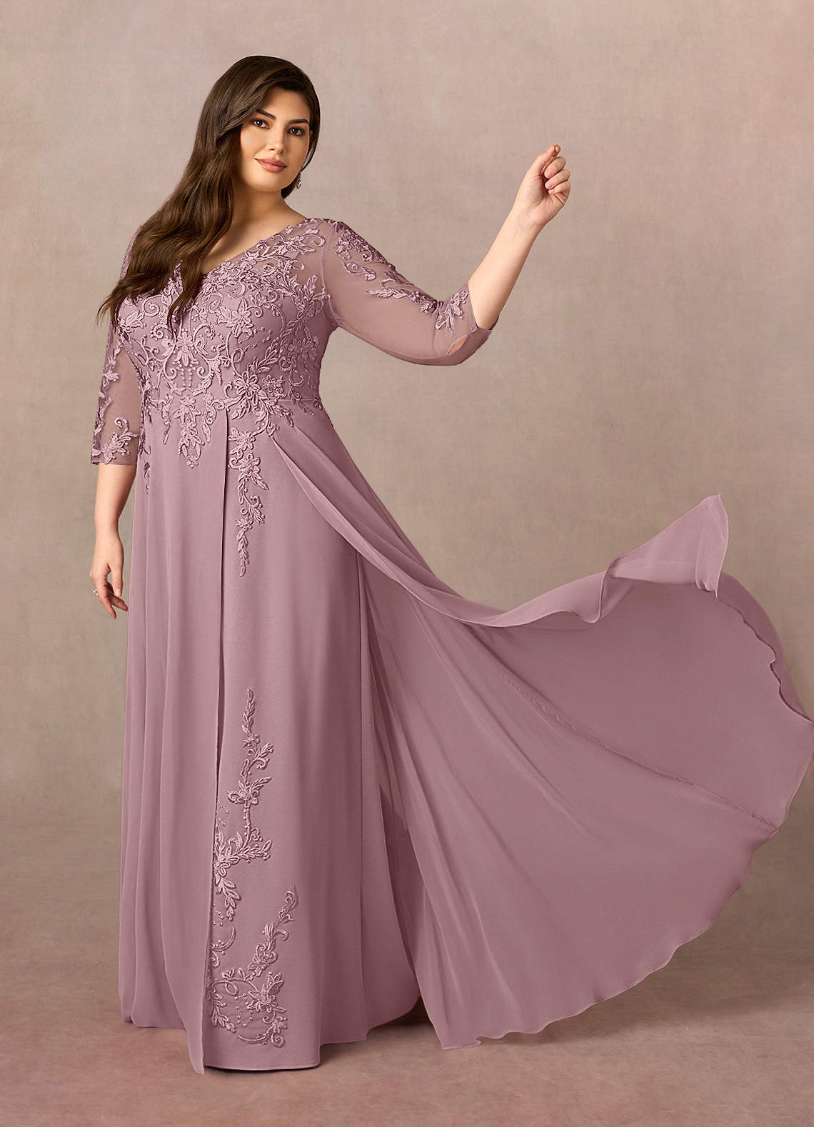 Azazie Noella vestidos de madre de la novia Vestido de Rosa Polvorienta de Gasa de Corte en A con Encaje cuello pico image10
