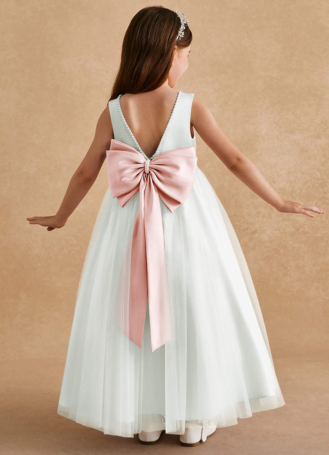 Azazie Cookie Flower Girl Dresses Ivory Blushing Pink A-Line Bow Tulle Dress image1