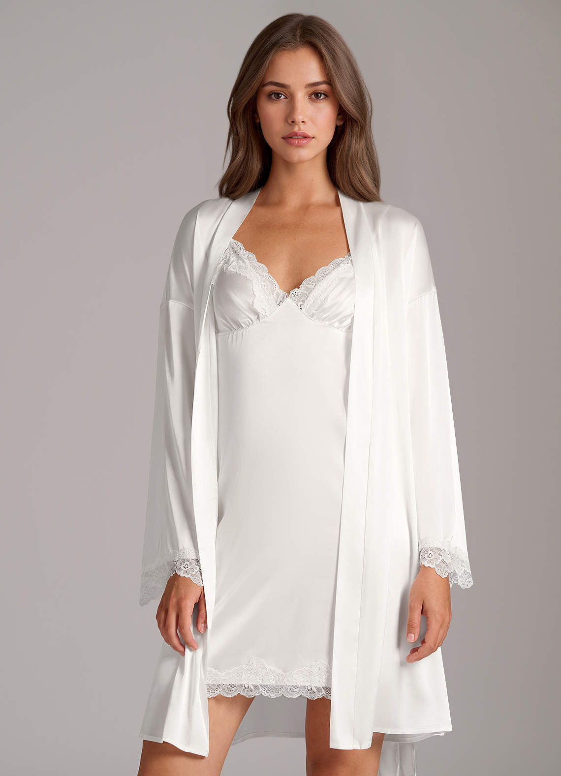 front Satin Lace Robe & Slip Dress Set