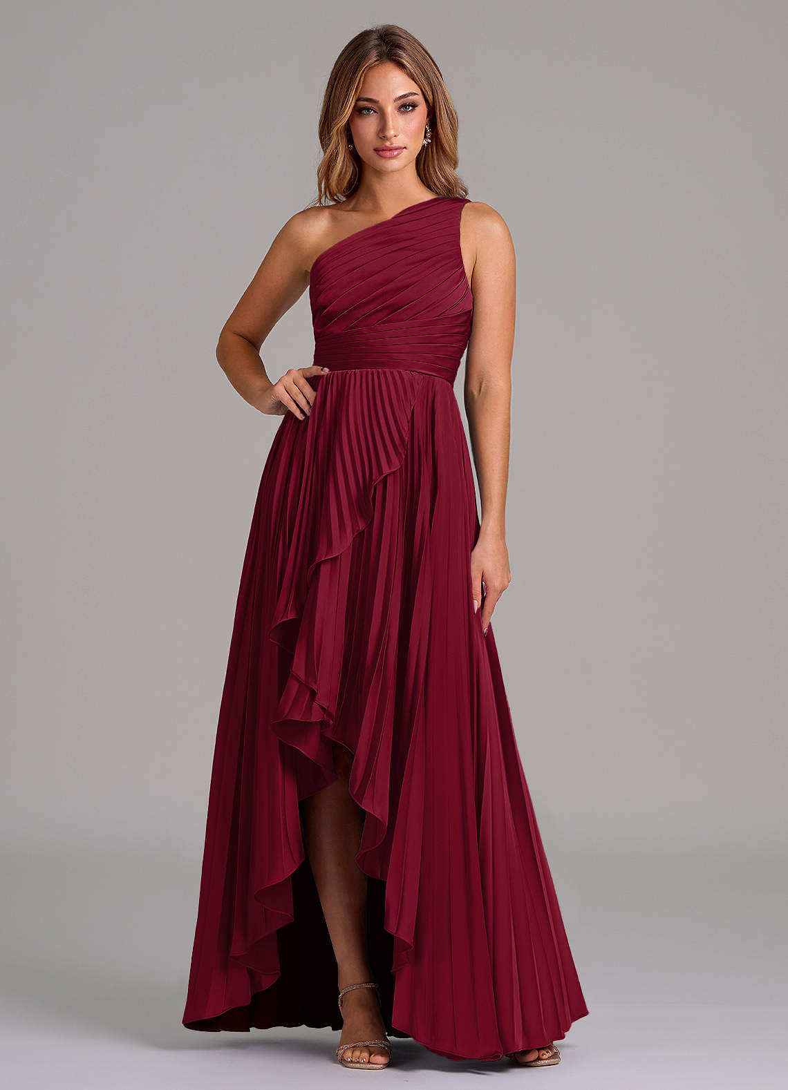 Azazie Lyrica Bridesmaid Dresses Burgundy A-Line One Shoulder Stretch Satin Dress image1