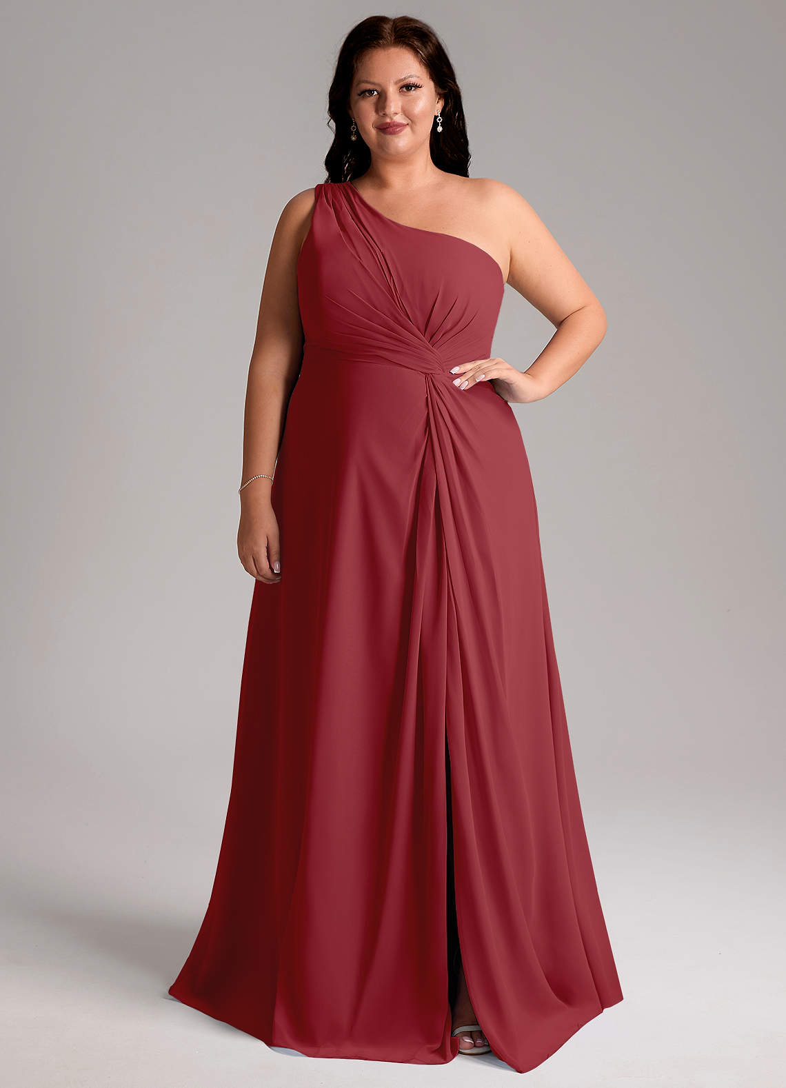 Azazie Brooke Bridesmaid Dresses Pomegranate A-Line One Shoulder Chiffon Dress image1