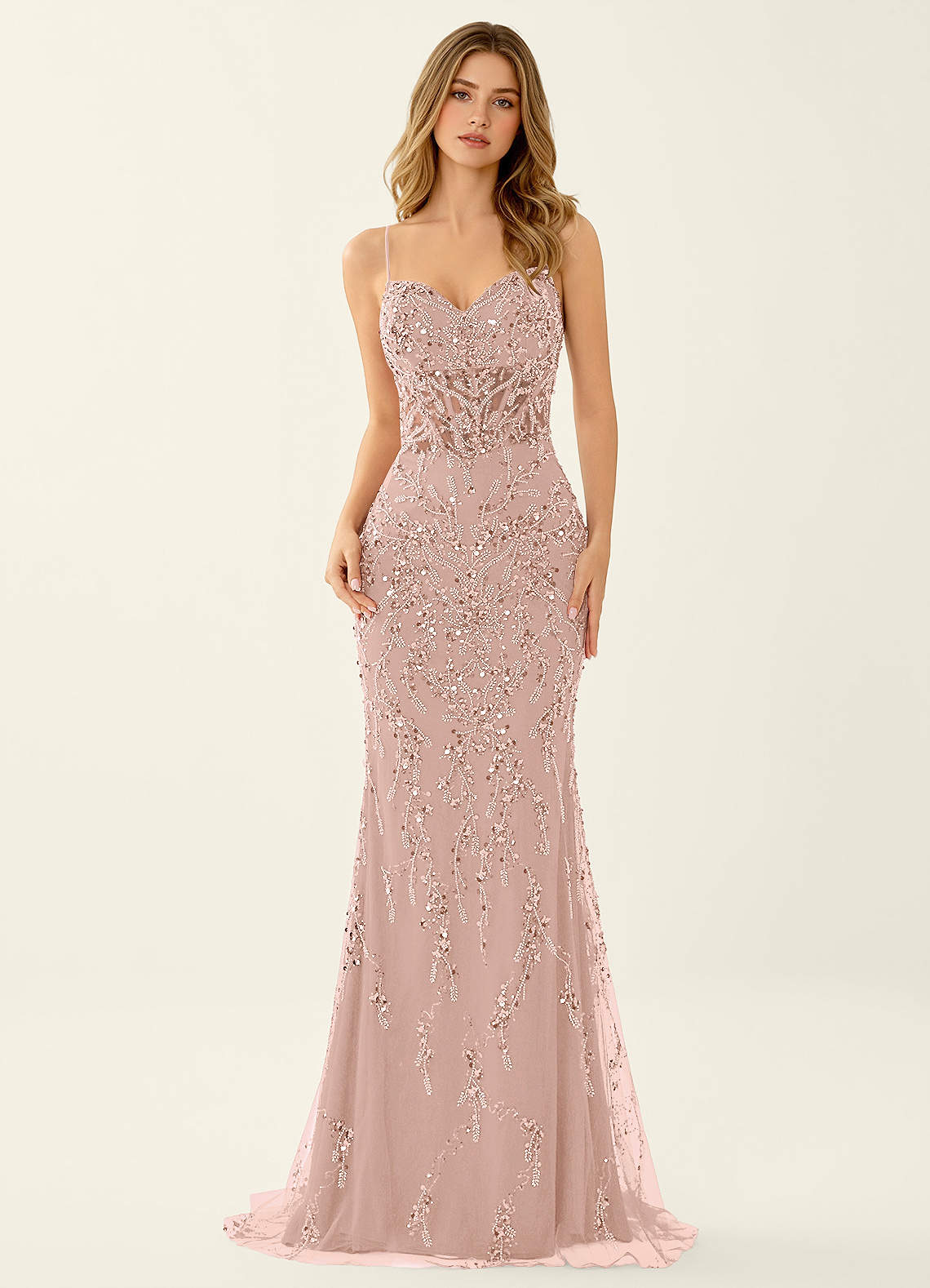 Zivah Pink Beaded Corset Lace Up Back Mermaid Dress image3