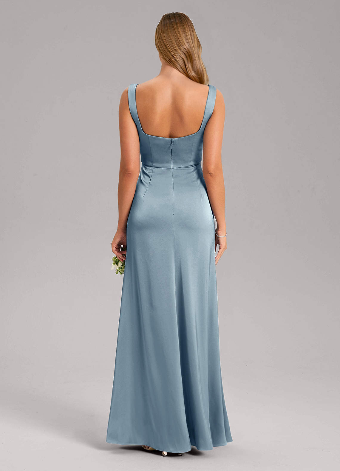 Azazie Frostine Vestidos de damas de honor Vestido de Azul Polvoriento de Satén Elástico de Corte en A con Lazo image7