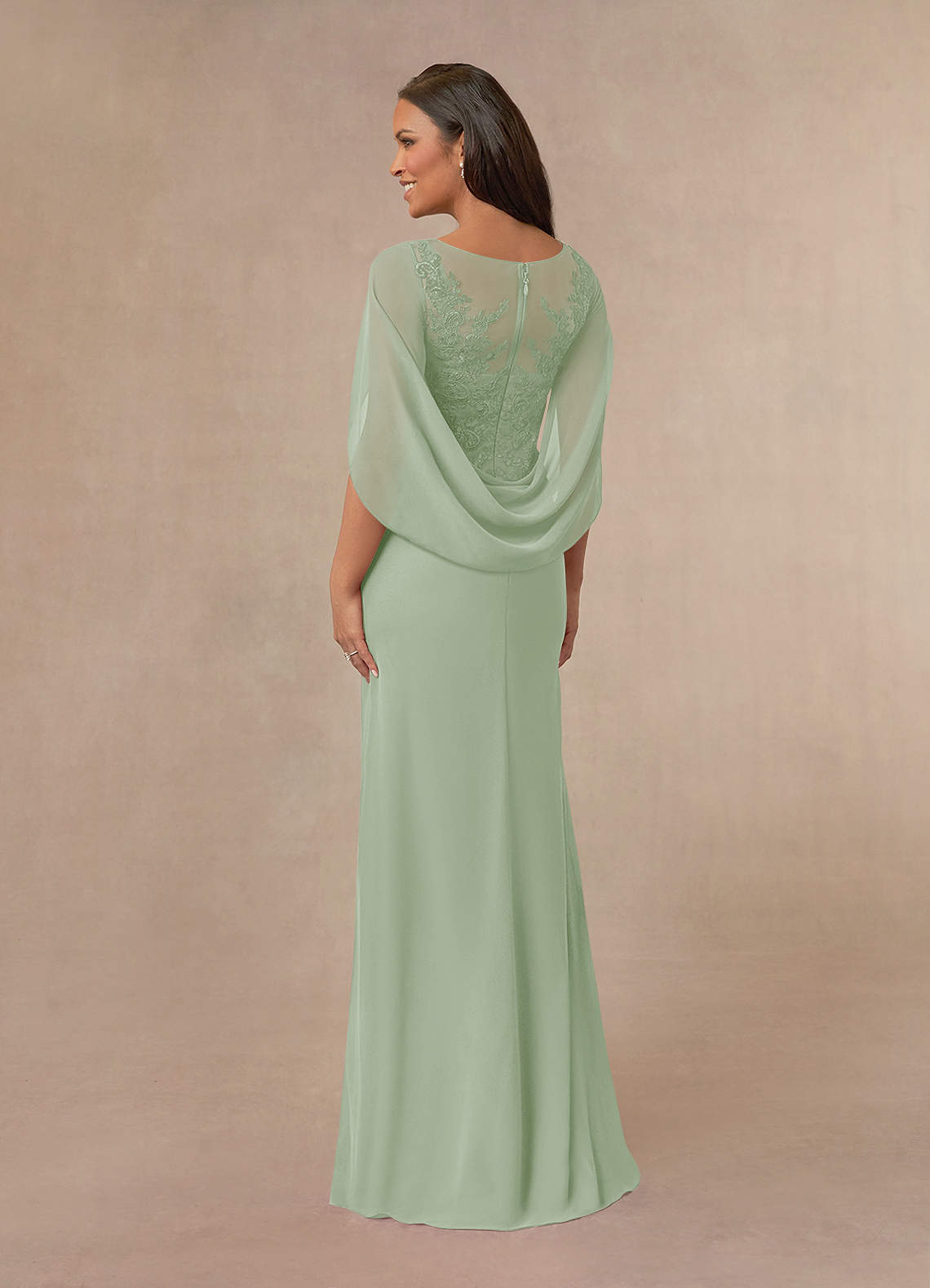 Azazie Hera Mother of the Bride Dresses Dusty Sage A-Line Lace Capelet Chiffon Dress image2