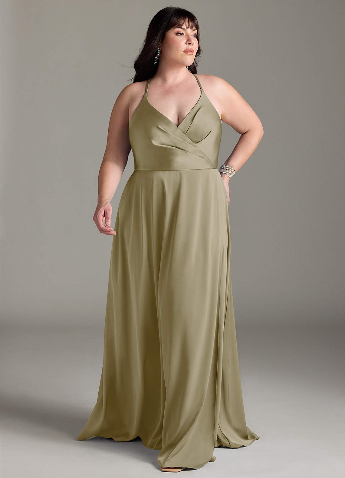 Azazie Davis Bridesmaid Dresses Moss Green A-Line Pleated Stretch Satin Dress image1