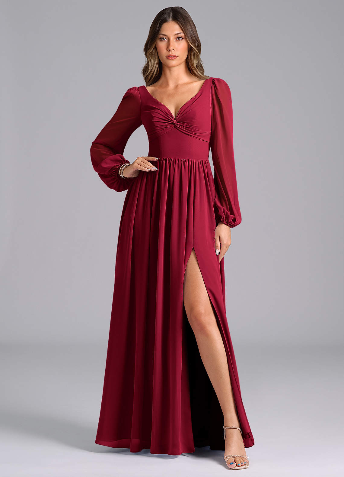 Azazie Zeya Bridesmaid Dresses Burgundy A-Line Long Sleeve Chiffon Dress image1