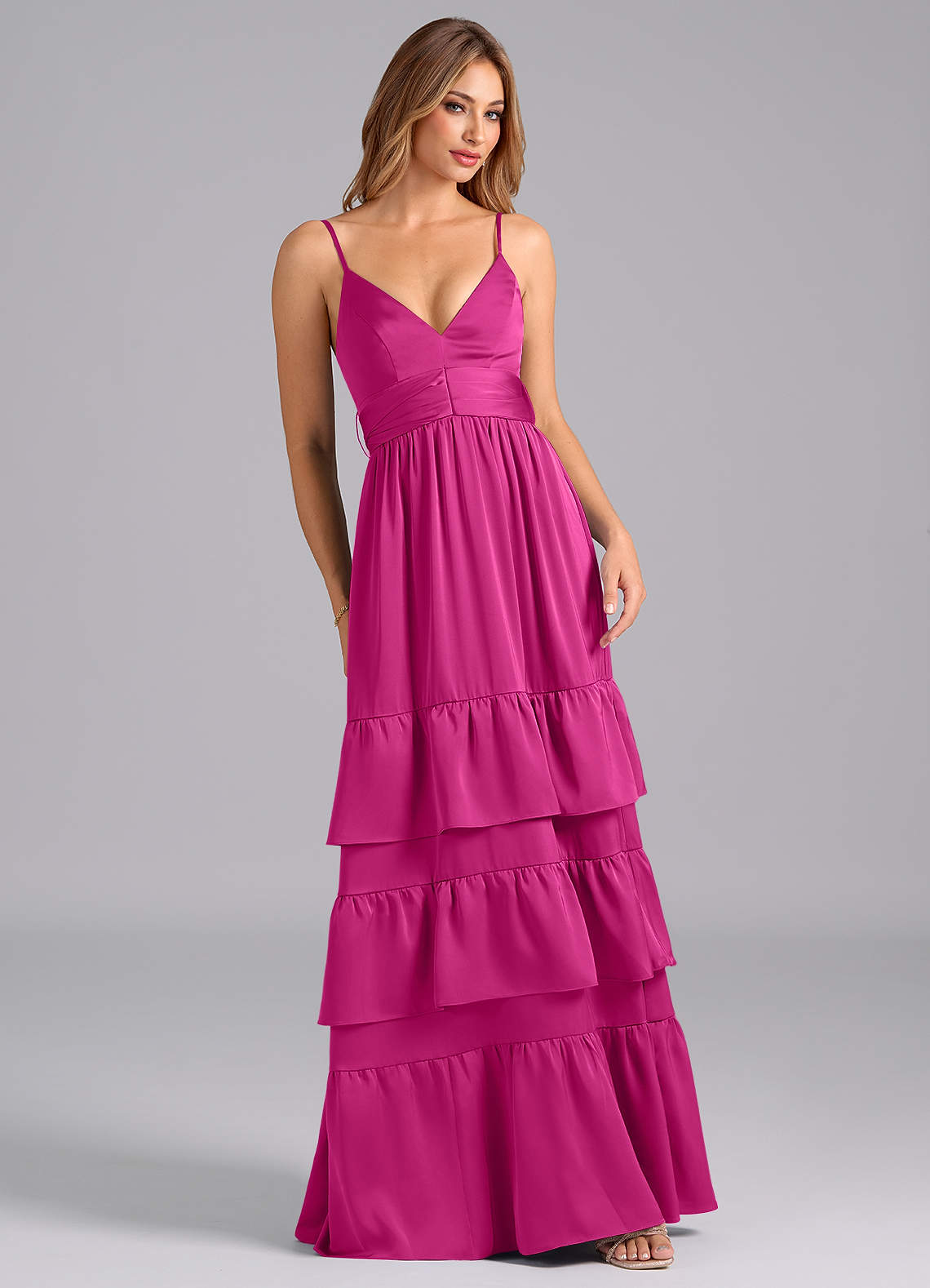 Azazie Nathalia Bridesmaid Dresses Fuchsia A-Line Pleated Stretch Satin Dress image1