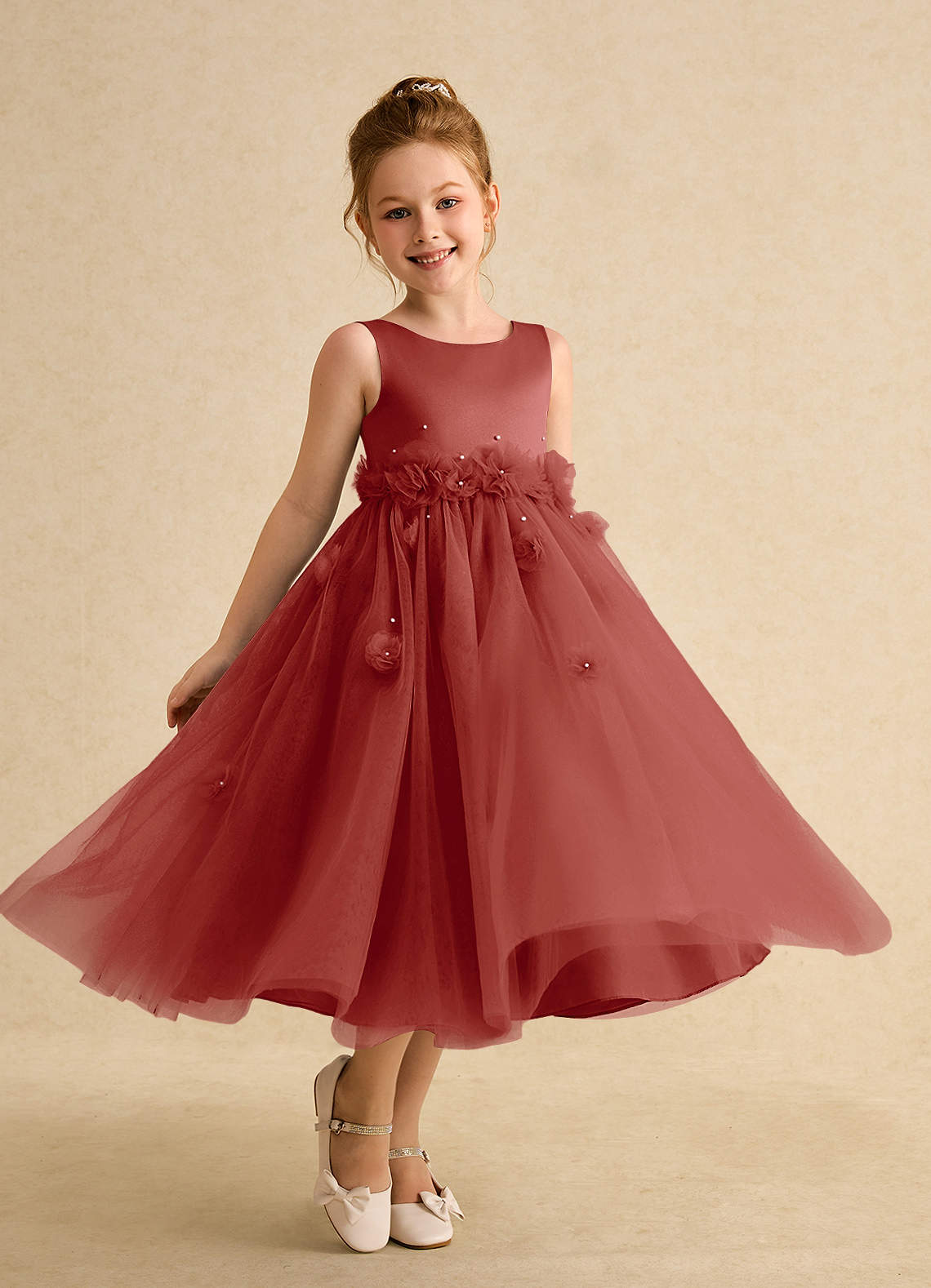 Azazie Lux Flower Girl Dresses Terracotta A-Line Beaded Tulle Dress image1
