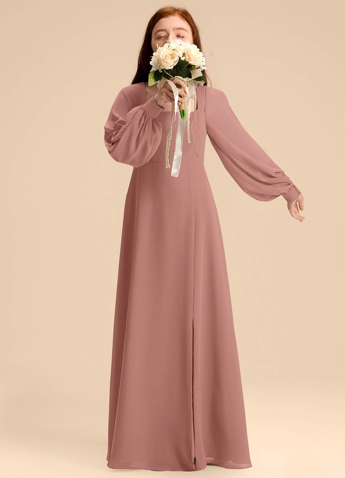 Azazie Bondi Junior Cedar Rose A-Line Blouson Chiffon Dress image1
