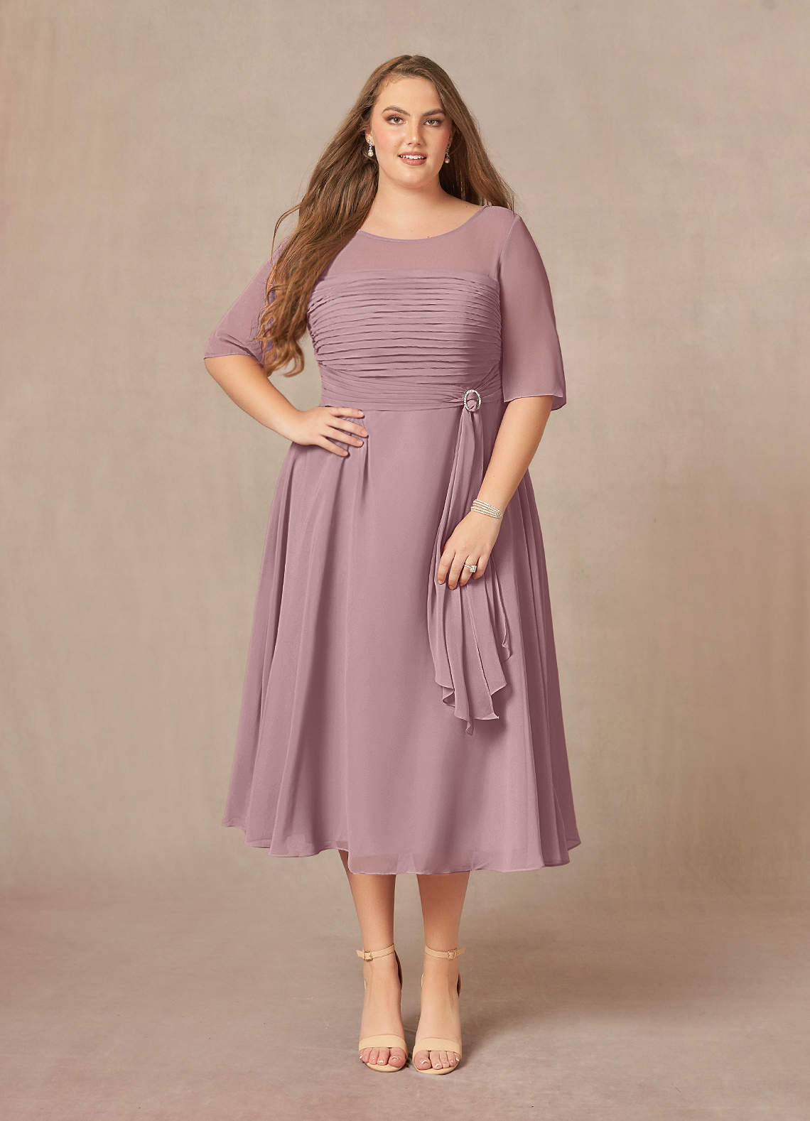 Azazie Naomi Mother of the Bride Dresses Dusty Rose A-Line Boatneck Pleated Chiffon Dress image1