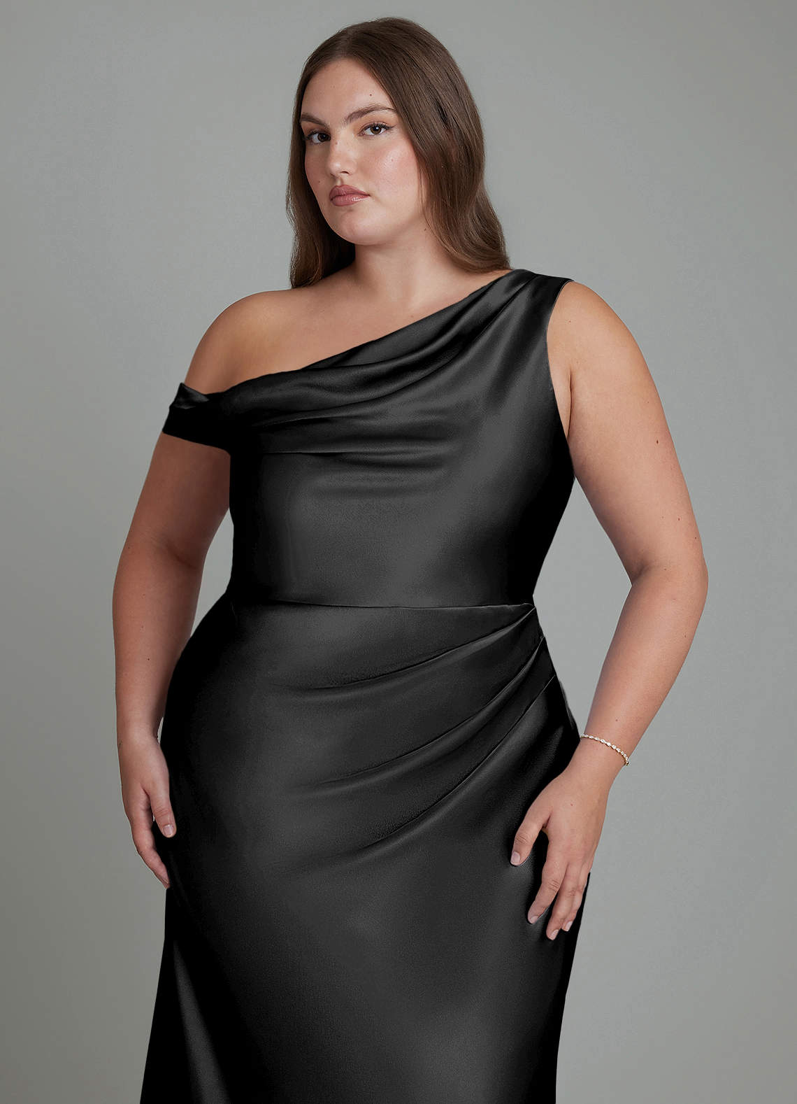 Azazie Emerson Bridesmaid Dresses Black Mermaid Off the Shoulder Metallic Satin Dress image11