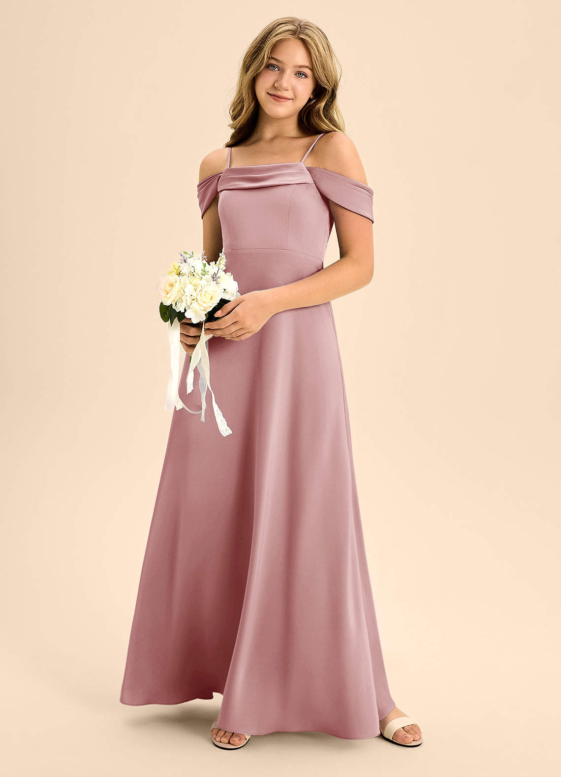 Azazie Anselie Junior Dusty Rose A-Line Off the Shoulder Stretch Satin Dress image1