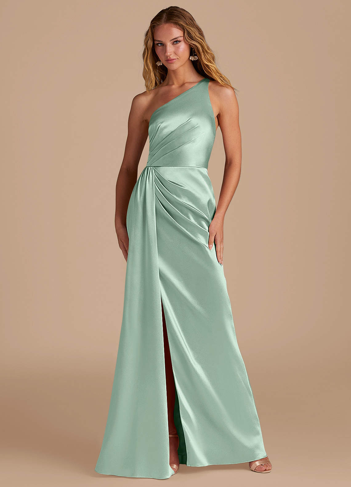 Azazie Mika Bridesmaid Dresses Agave Sheath One Shoulder Metallic Satin Dress image1