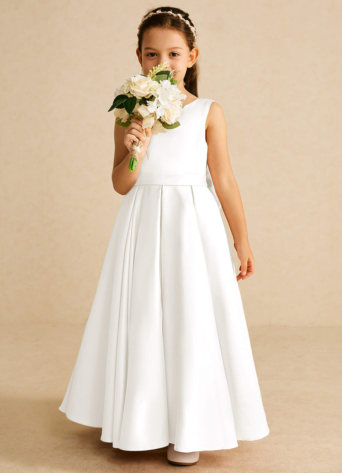 Azazie Pipsy Flower Girl Dresses Ivory A-Line Bow Matte Satin Dress image4