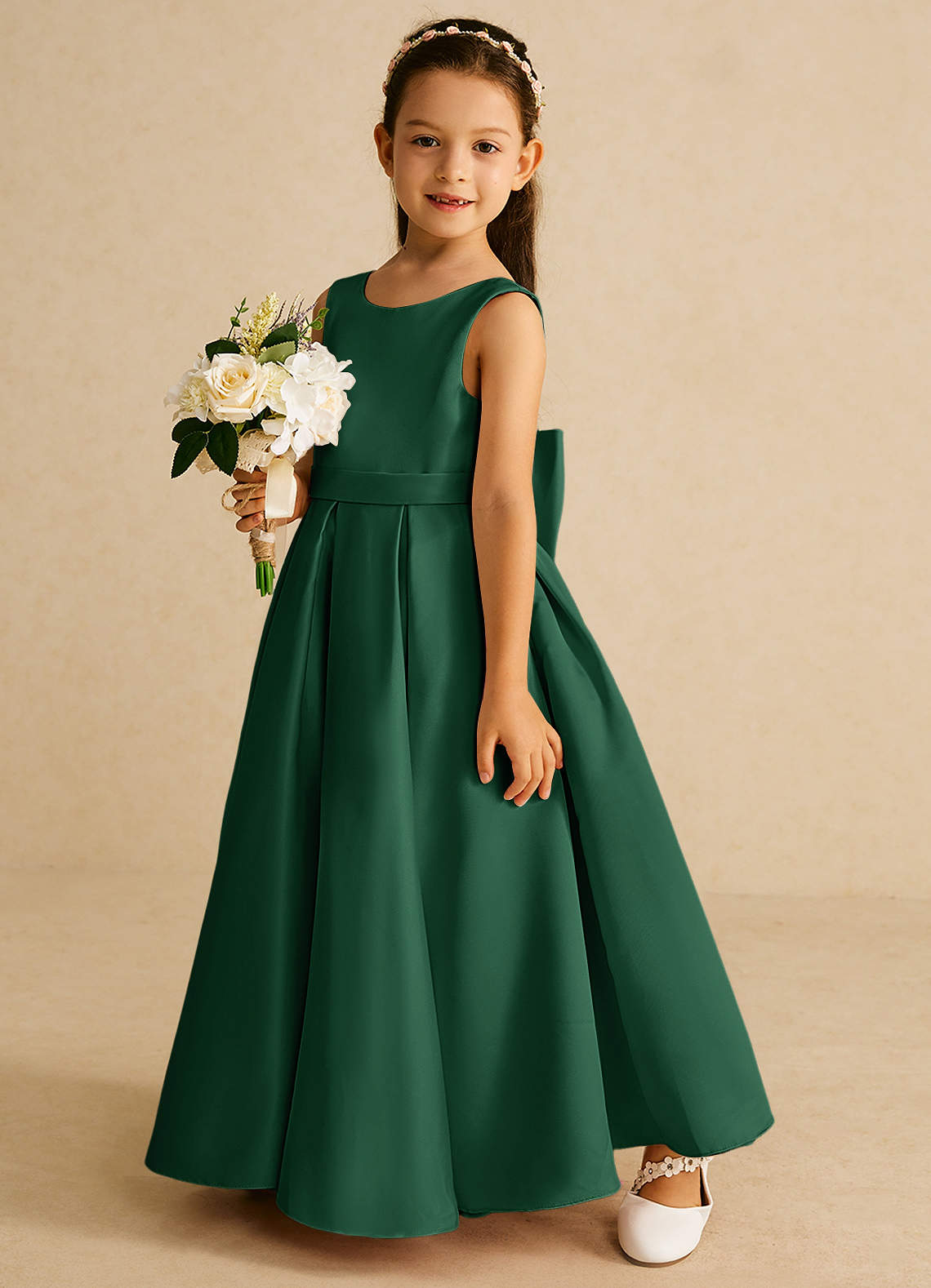 Azazie Pipsy Flower Girl Dresses Dark Green A-Line Bow Matte Satin Dress image1