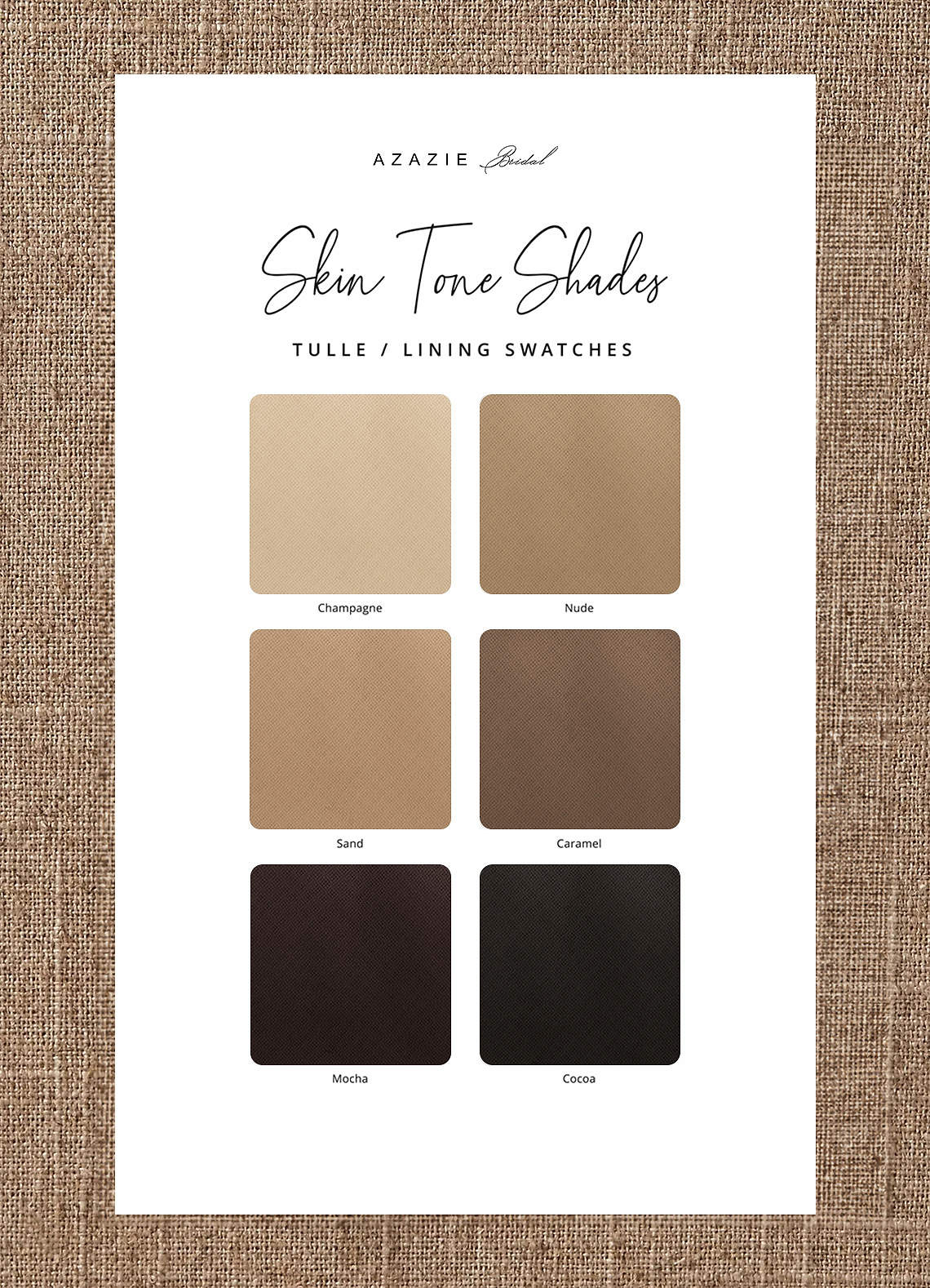 front Azazie Bridal Lining Skin Tone Swatch Booklet