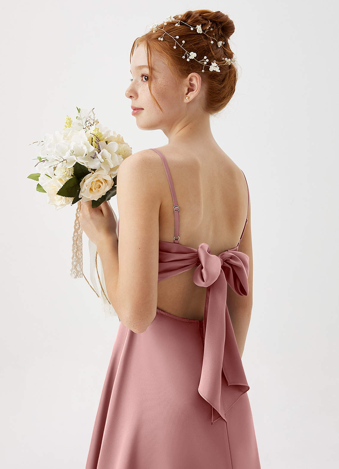 Azazie A-Line/Princess Cowl Neck Floor-Length Stretch Satin Junior Bridesmaid Dresses - Dusty Rose