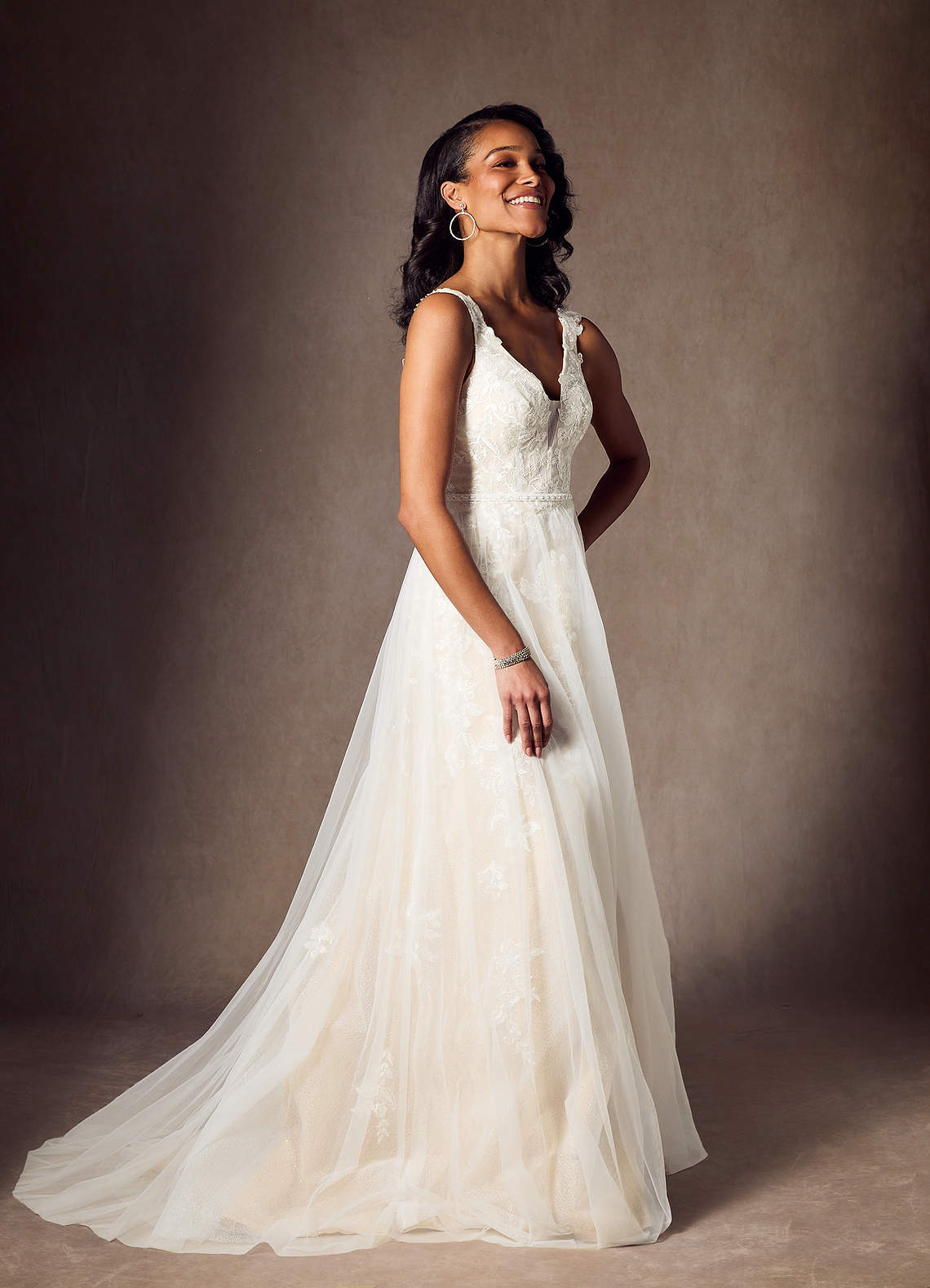 Azazie Jasmina Diamond White Champagne A-Line Sequins Tulle Dress