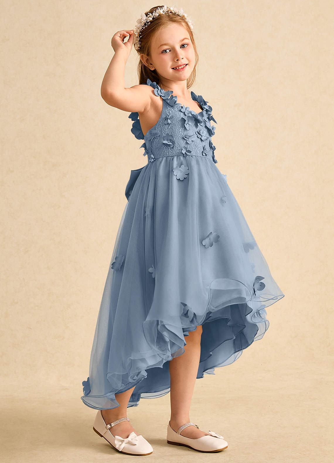 Azazie Tweety Robe Demoiselle D'honneur Fillette Robe Trapèze en Tulle Dentelle Bleu Poussiéreux image1