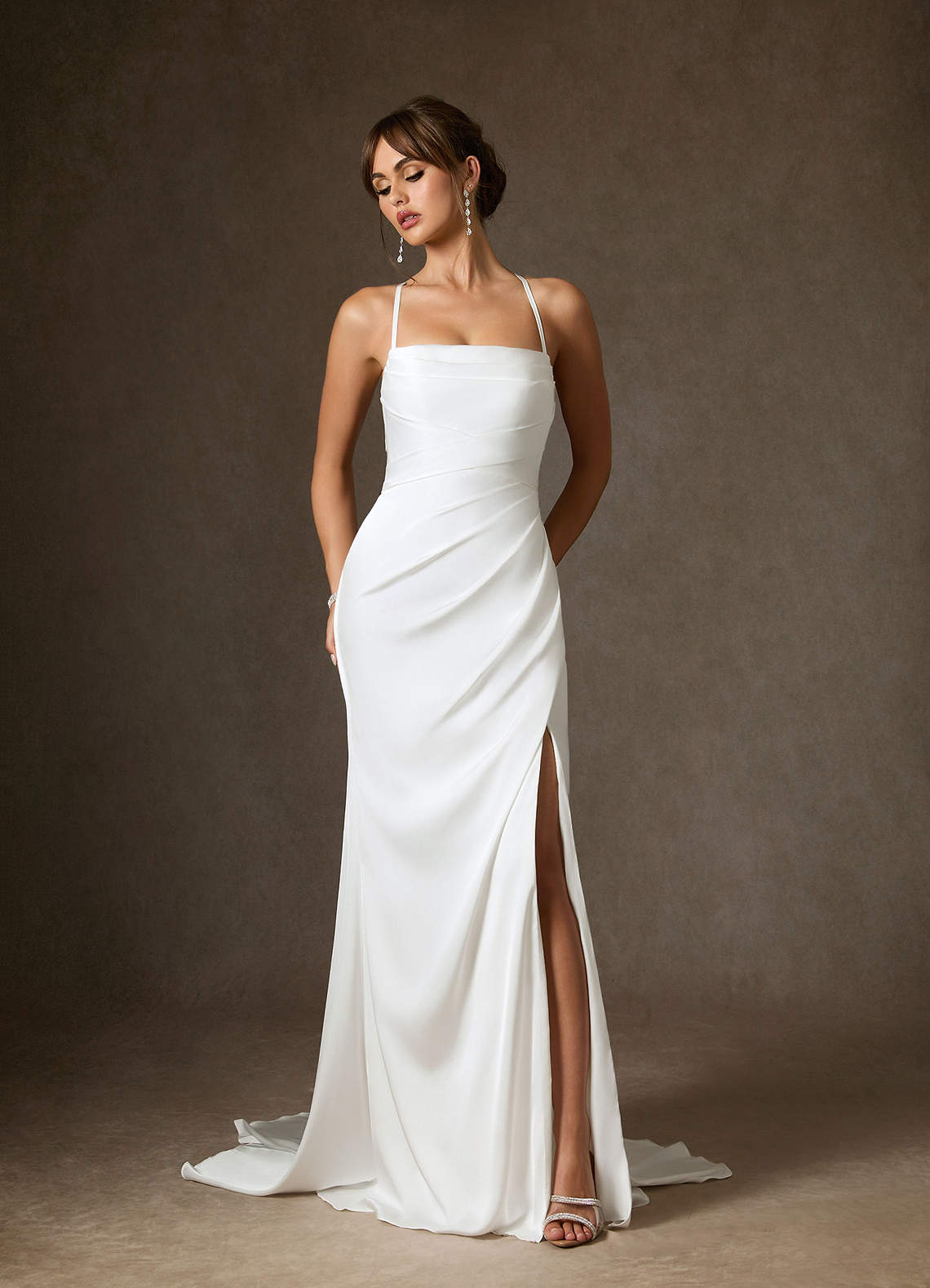 open lace back dress White Satin Cream Wrap Dress Midi Flutter Sleeves M main image 1