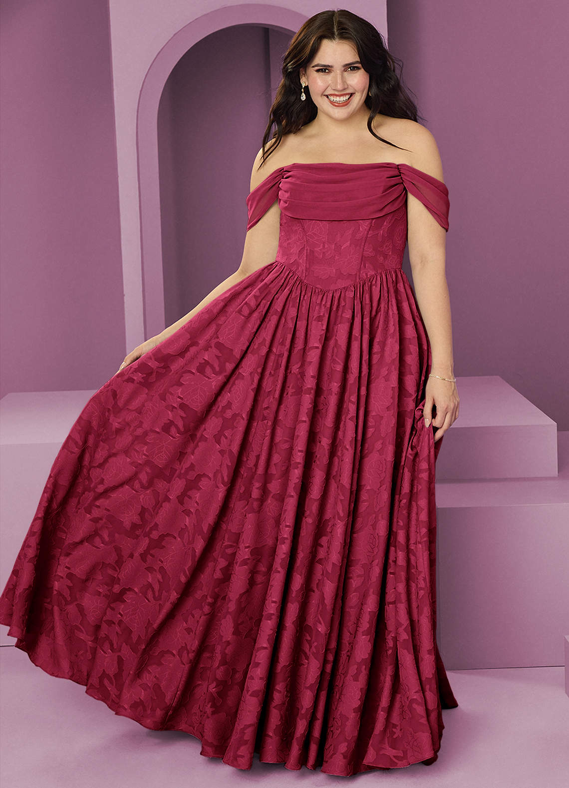 Barbie ♥ Azazie Bridesmaid Dresses Burgundy A-Line Off the Shoulder Floral Burnout Convertible Dress image1