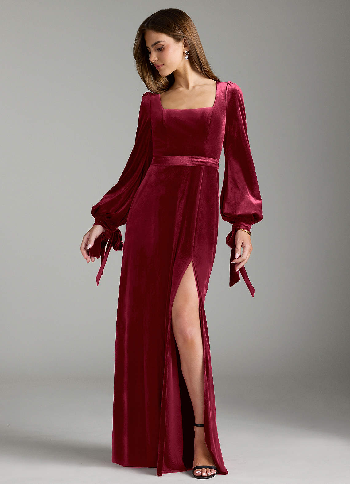 Azazie Leonia Bridesmaid Dresses Burgundy A-Line Long Sleeve Velvet Dress image2