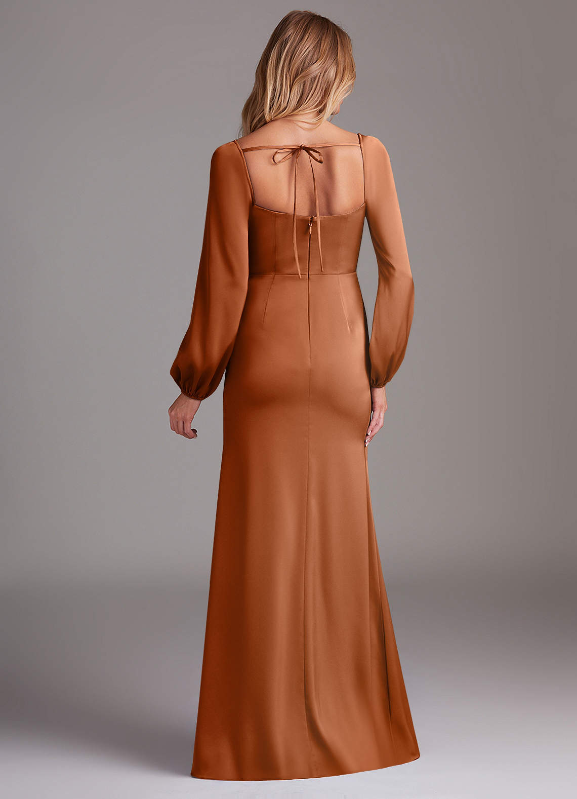 chinese dress ladies Kylee Stylish Long Sleeves Pleated Slit Long Satin Formal Dresses, Copper main image 1