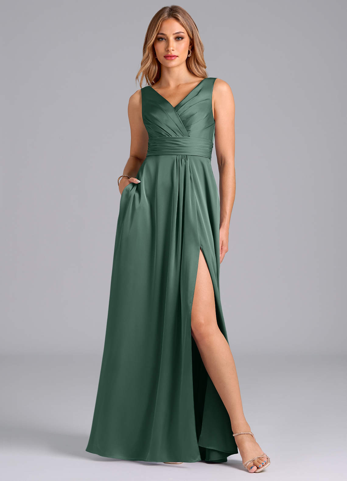 Azazie Karina Bridesmaid Dresses Eucalyptus A-Line Pleated Stretch Satin Dress image1
