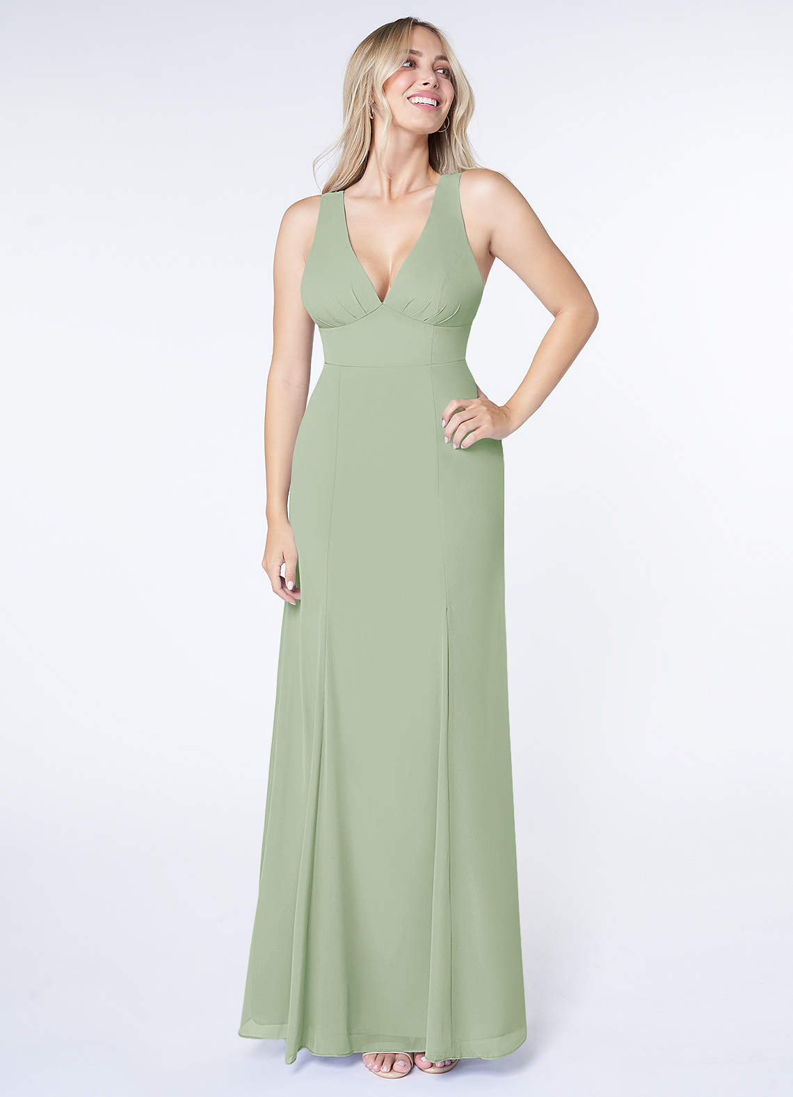 Azazie Christiana At-home Try On Dresses Dusty Blue A-Line V-Neck Pleated Chiffon Dress image1