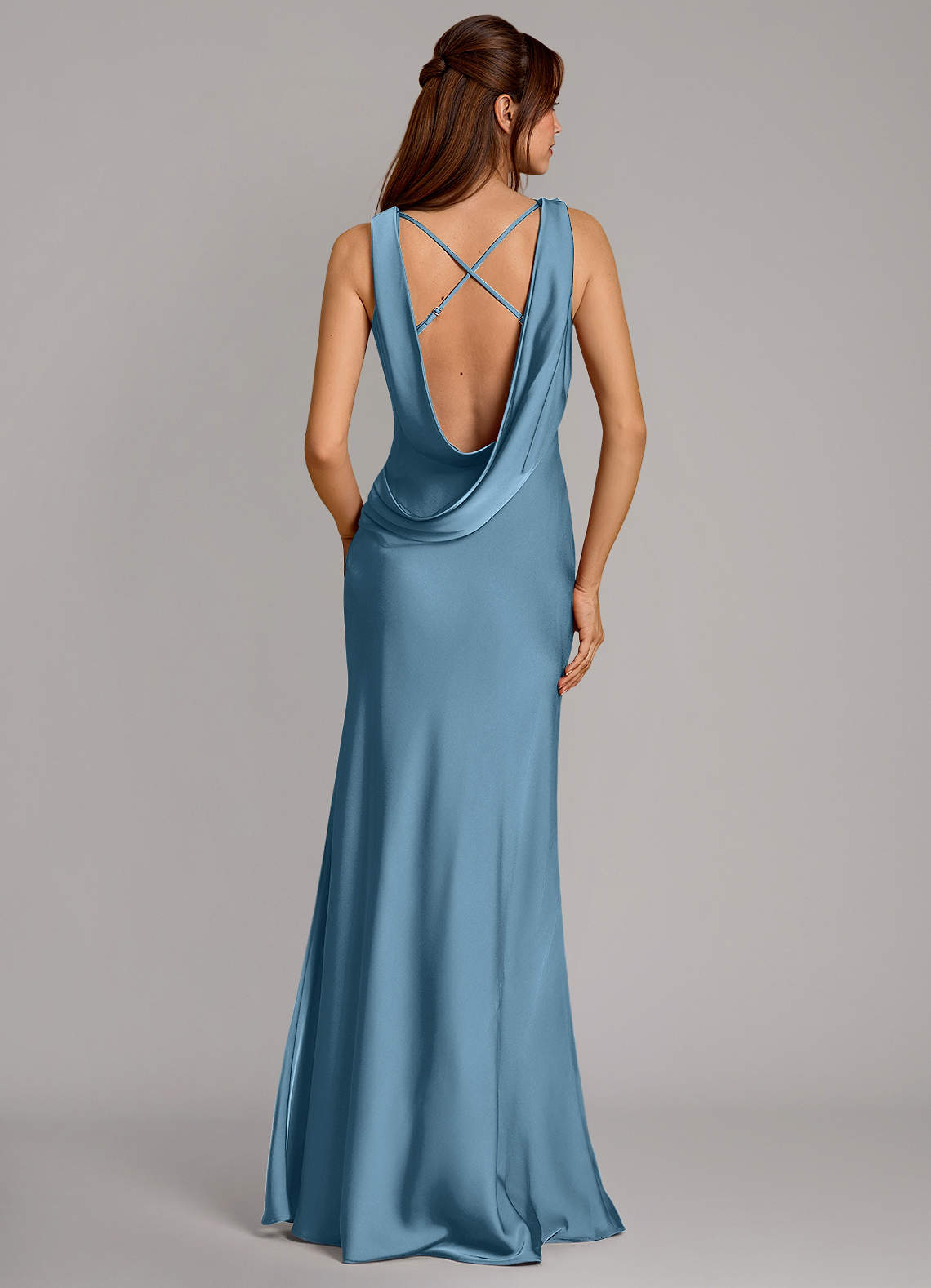 Azazie Cheryl Vestidos de damas de honor Vestido de Azul Acero de Satén Elástico de Corte Sirena image1