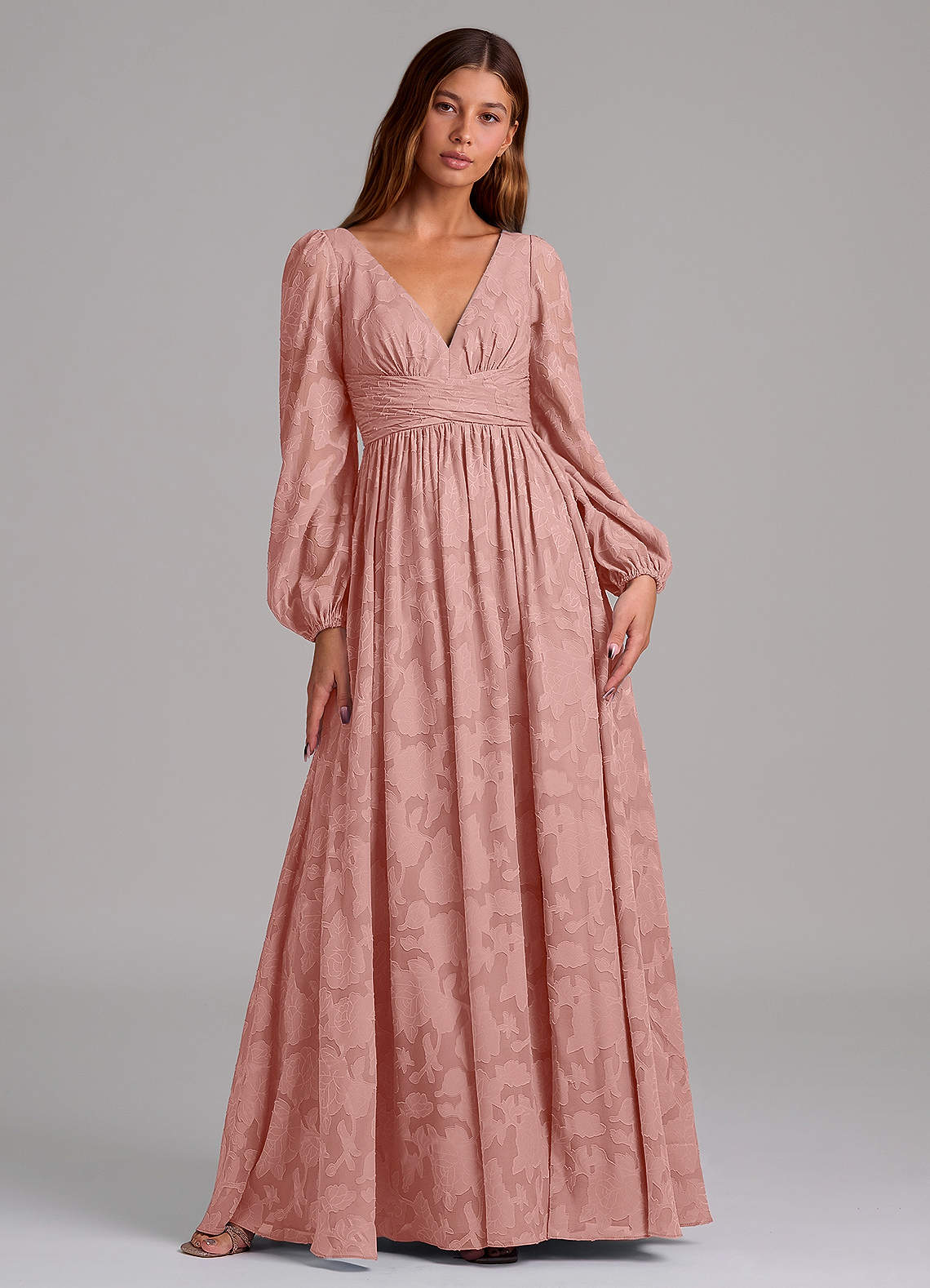 Azazie Norah Jurken voor bruidsmeisjes Jurk van Bloemen Burn-out met A-Lijn Lange mouw Rozet image1