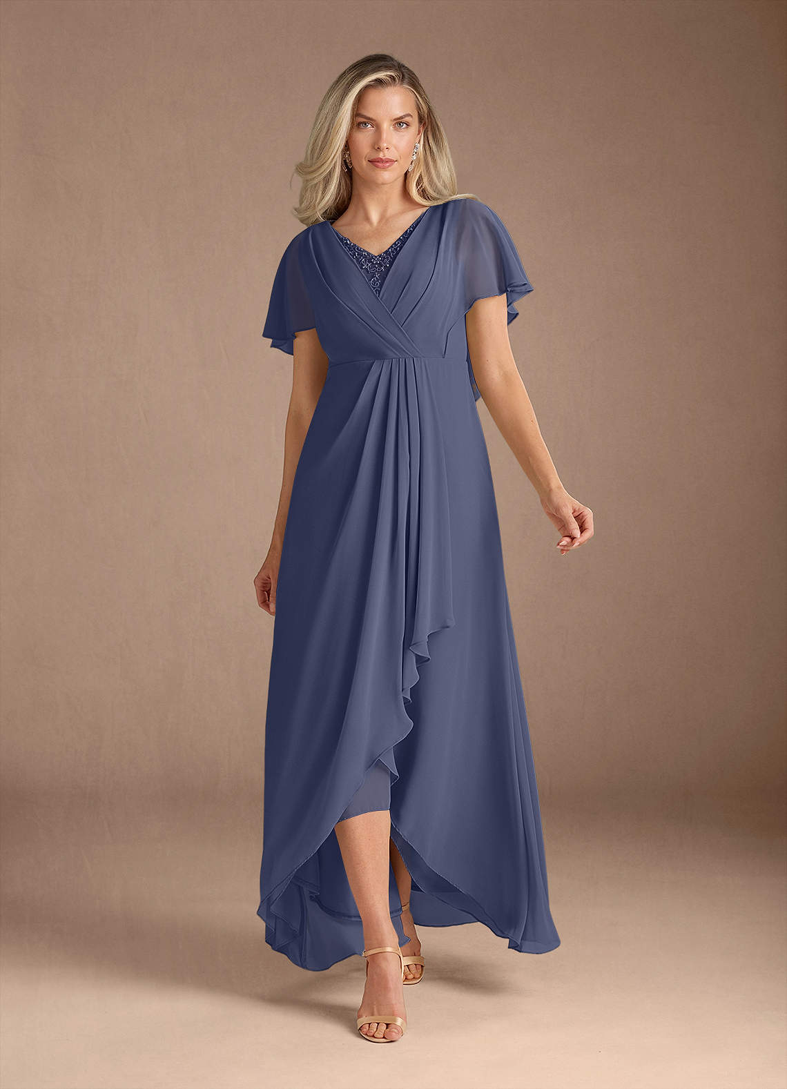 Azazie Eliza Kleider für die Brautmutter A-Linie V-Hals Gefaltet Chiffon Kleid Sturm image1