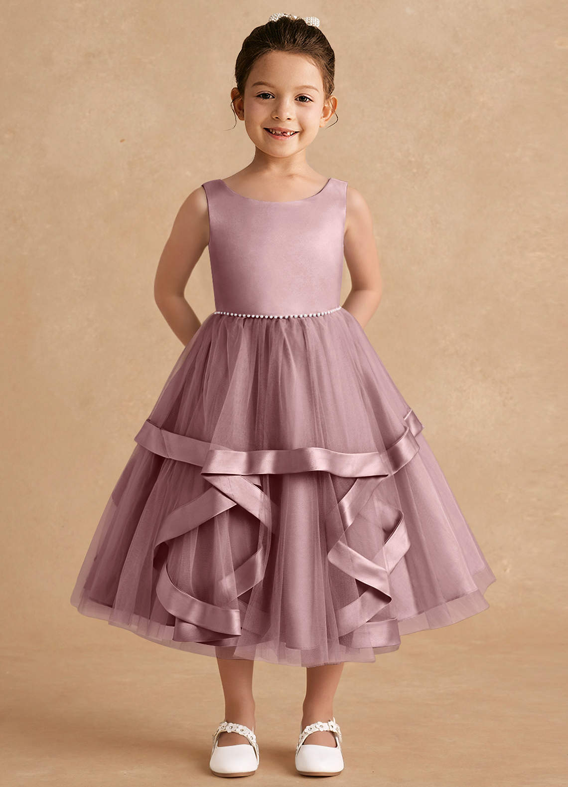Azazie Posy Flower Girl Dresses Dusty Rose A-Line Beaded Tulle Dress image1