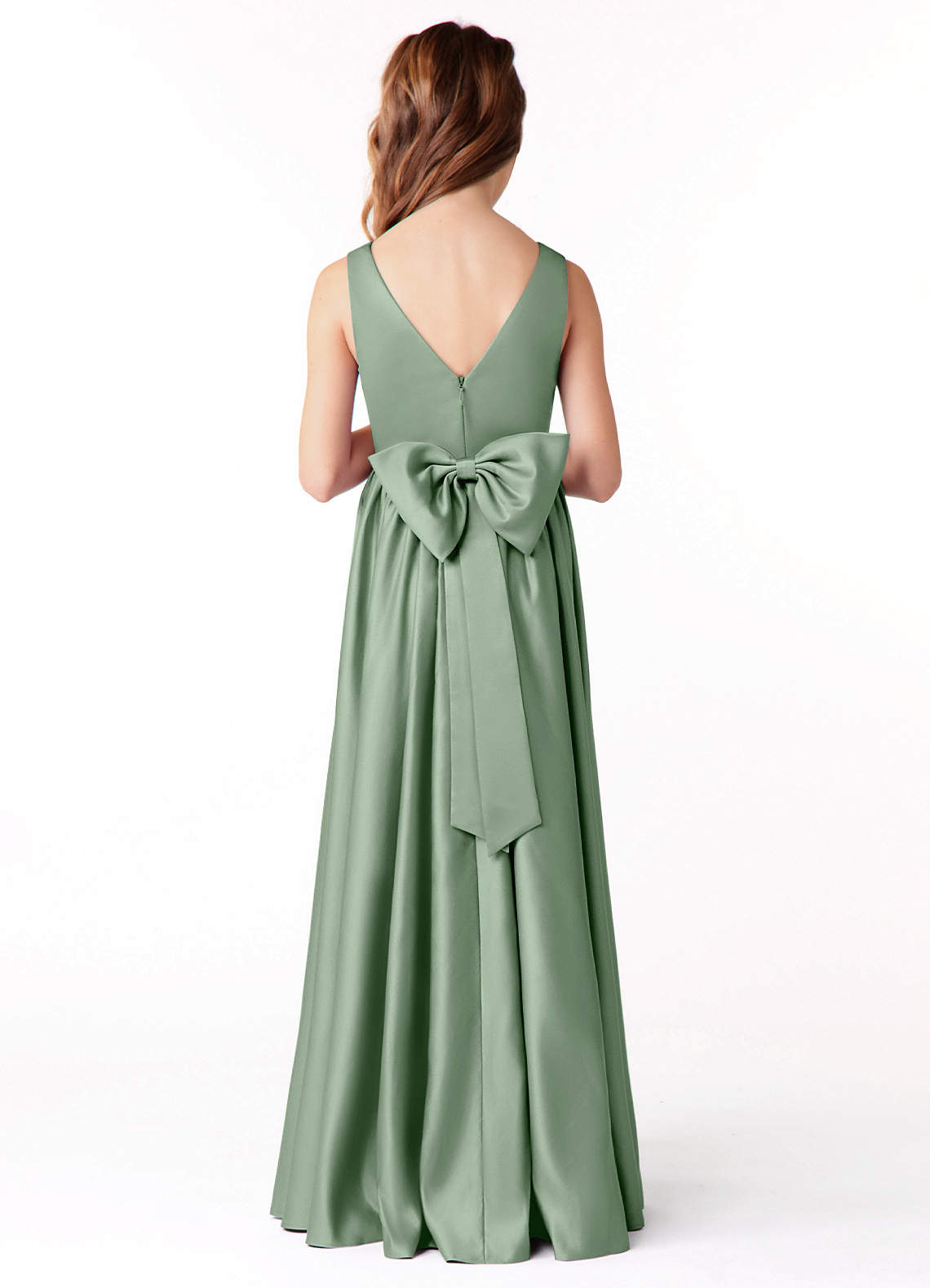 Azazie Hathaway Junior Vestido de Matcha de Satén Elástico de Corte En A con Lazo image1