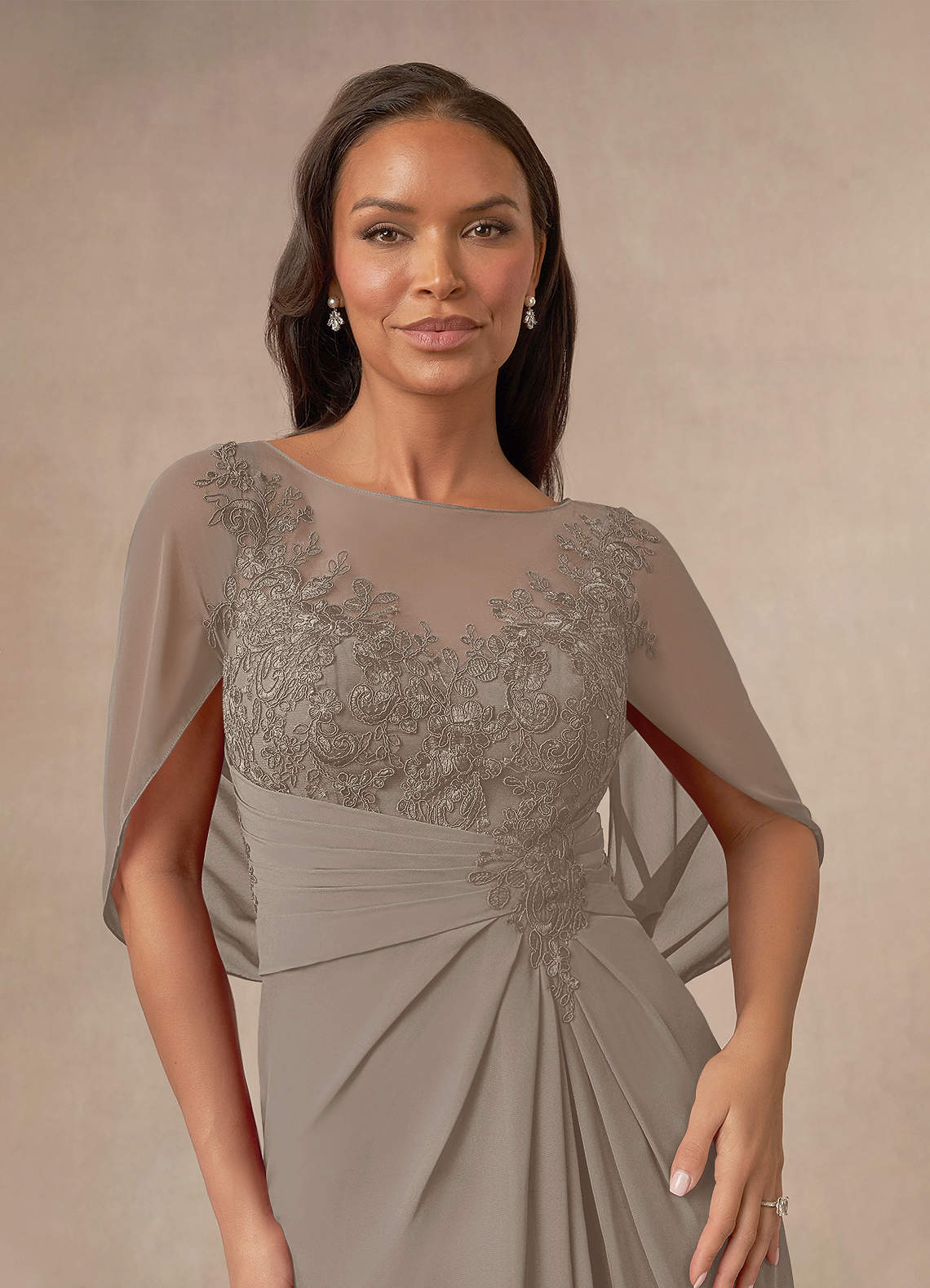 Azazie Hera Taupe A-Line Lace Capelet Chiffon Dress | Azazie