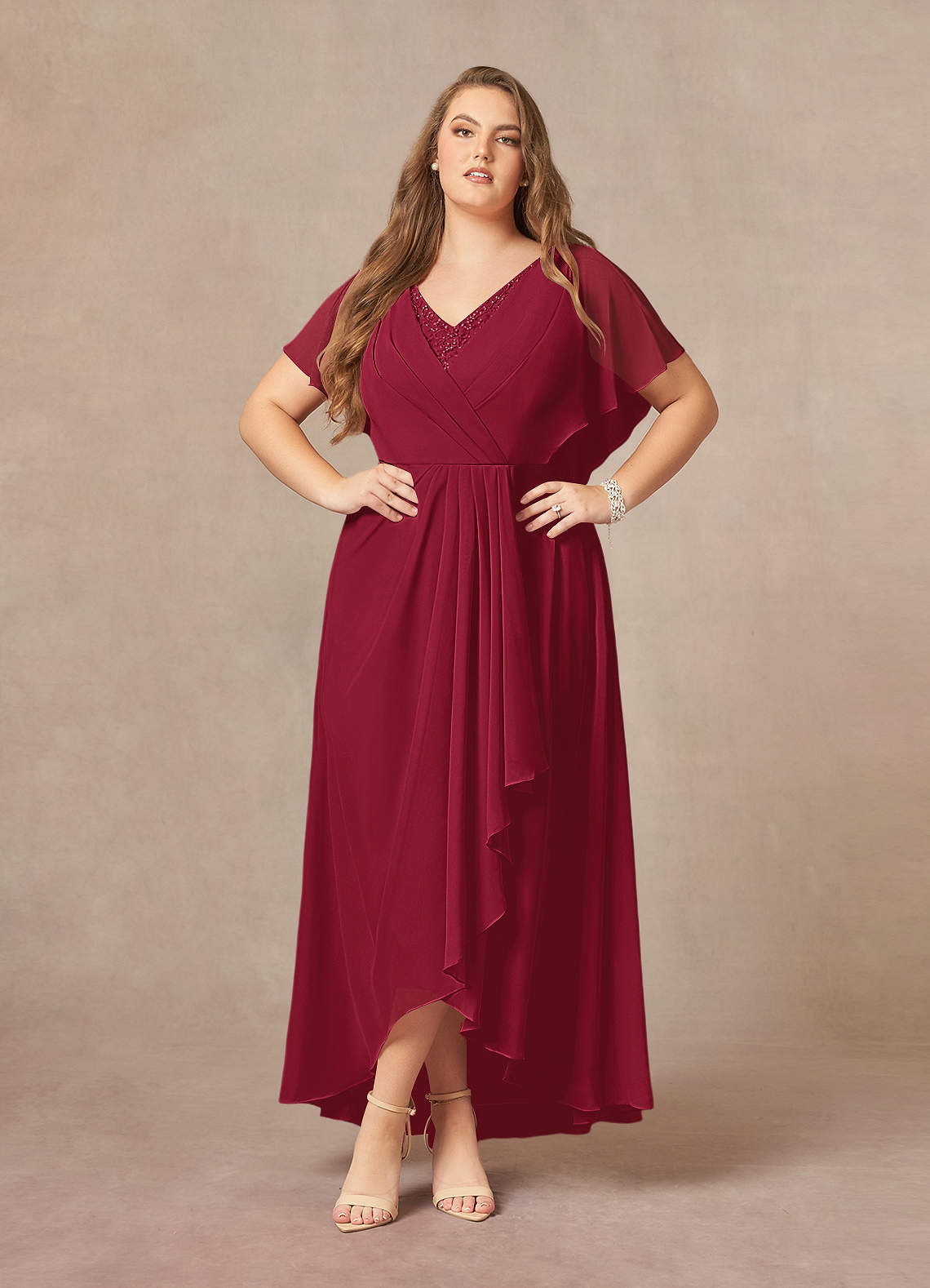 Azazie Eliza Mother of the Bride Dresses Burgundy A-Line V-Neck Pleated Chiffon Dress image1