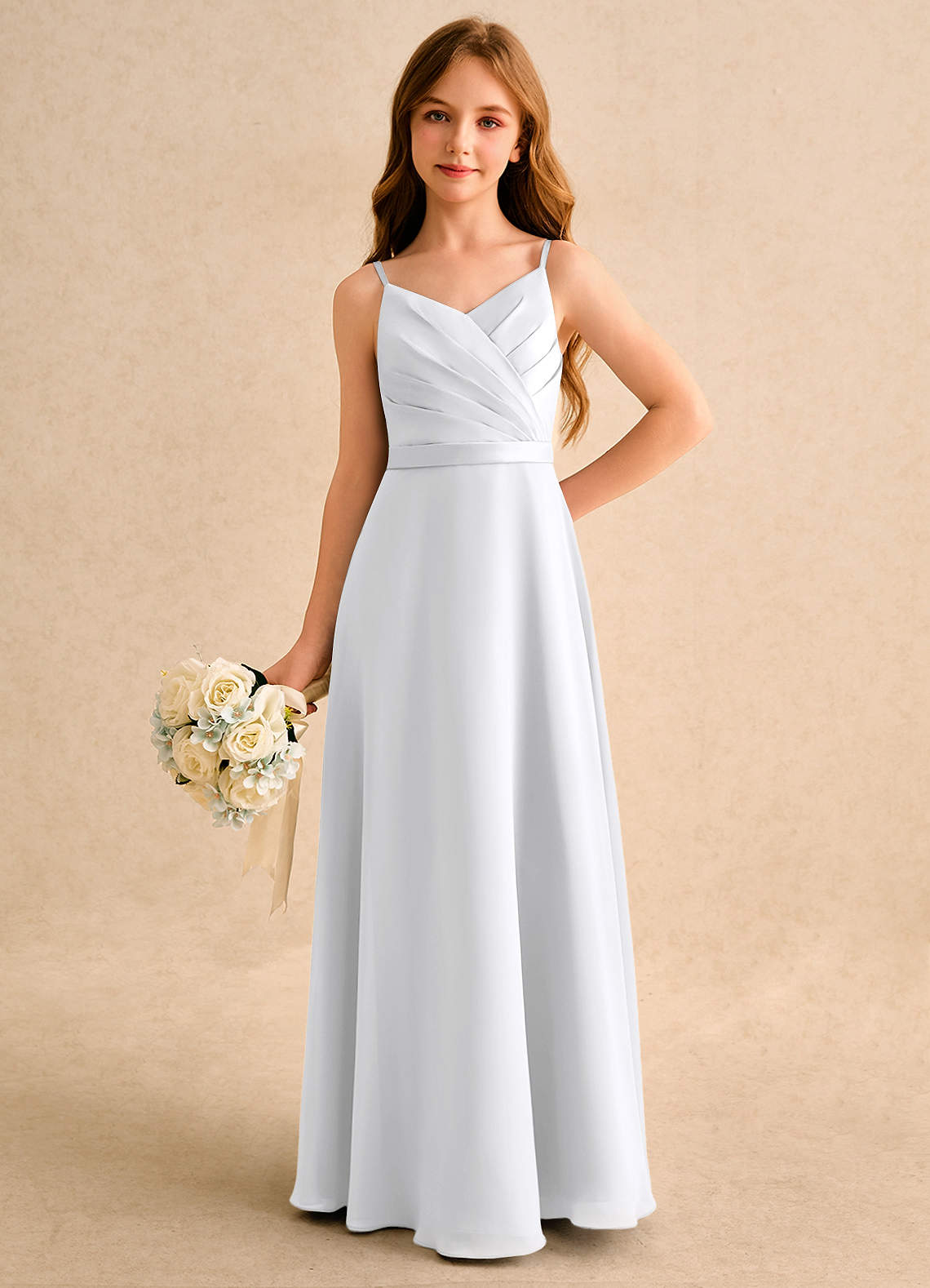 Azazie Umina Girls Formal White A-Line Pleated Matte Satin Dress