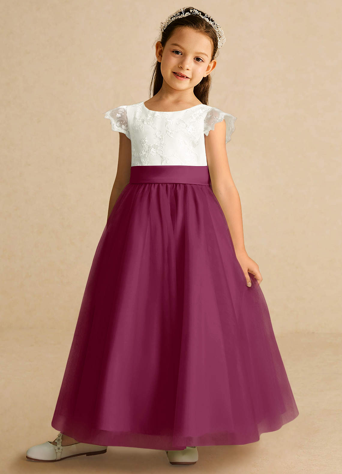 Azazie Pookie Flower Girl Dresses Mulberry A-Line Lace Tulle Dress image1