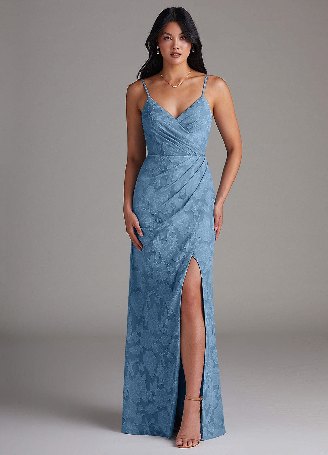 Azazie Maci Bridesmaid Dresses Steel Blue Sheath Pleated Floral Burnout Dress image1