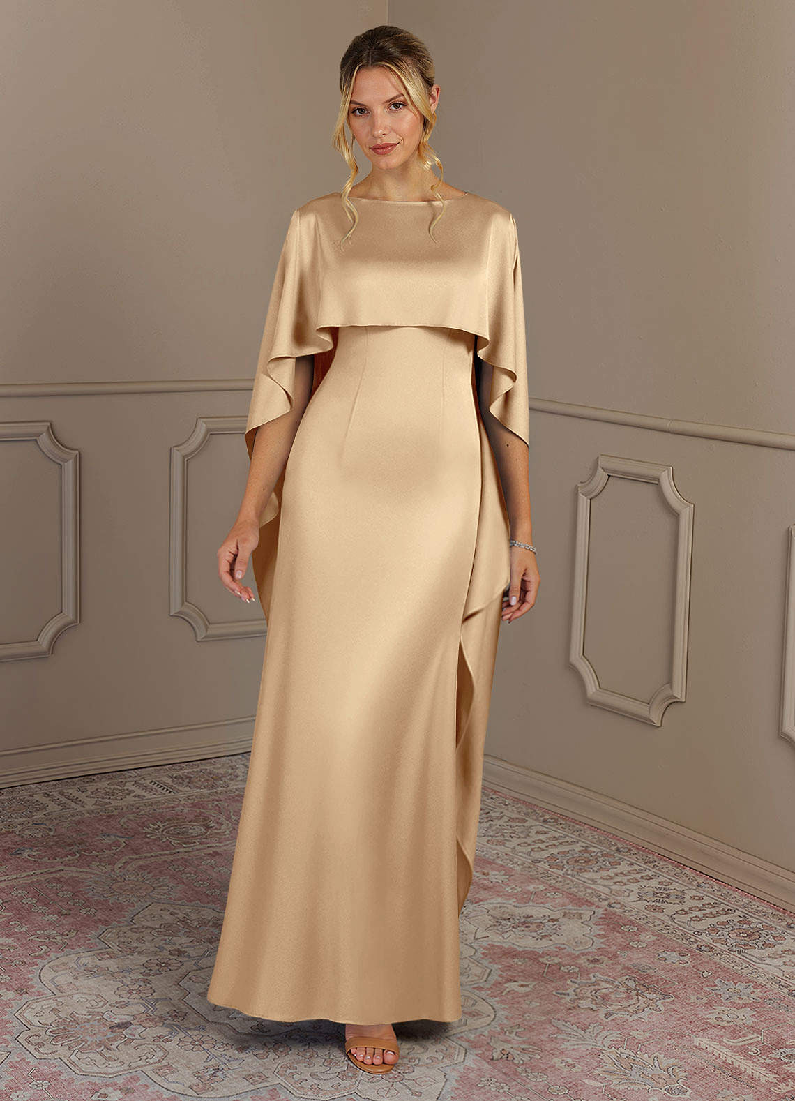 Azazie Eli Mother of the Bride Dresses Champagne Sheath Boatneck Stretch Satin Dress image3